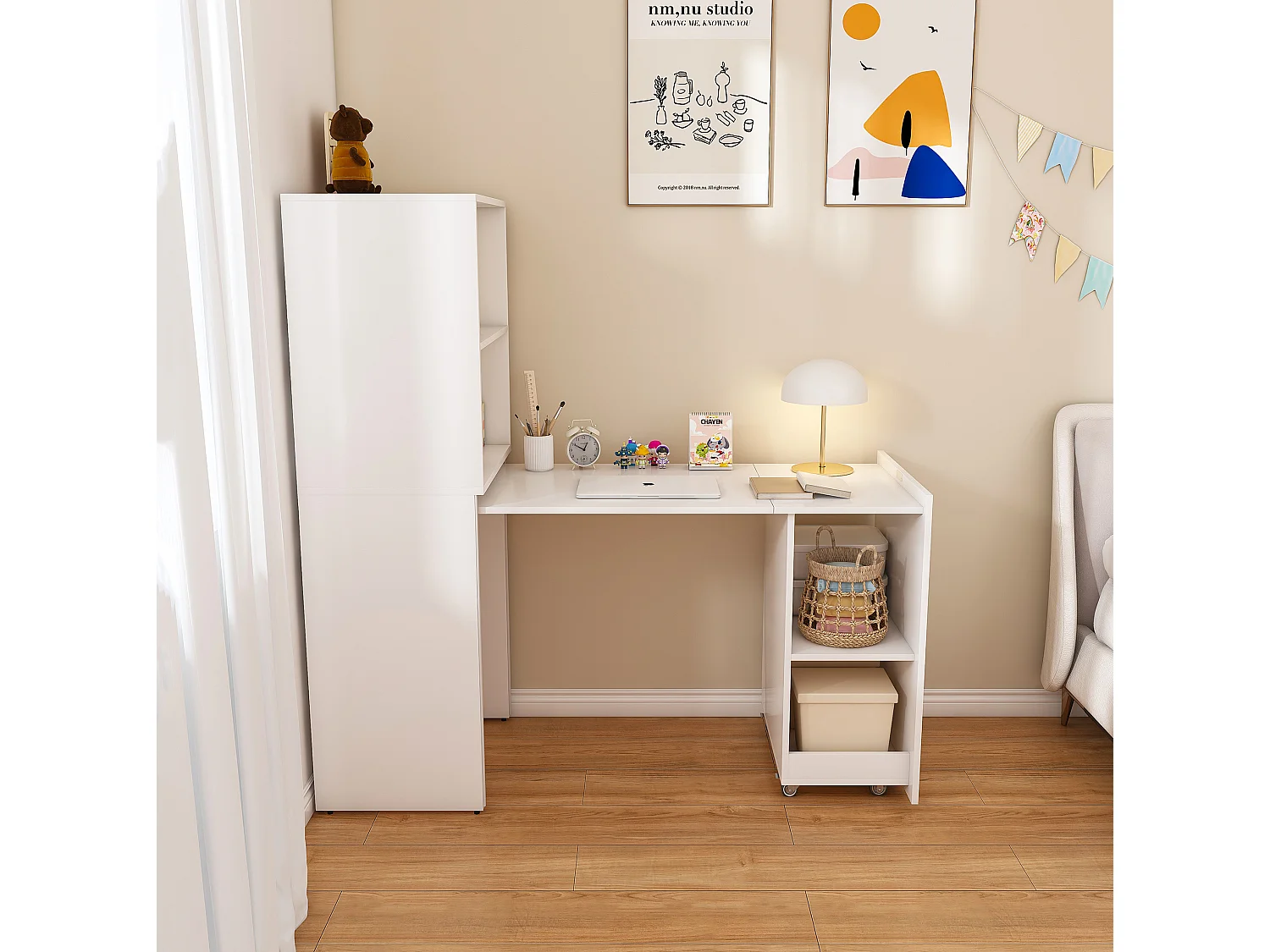Escritorio extensible con almacenamiento y estantes ajustables - Blanco