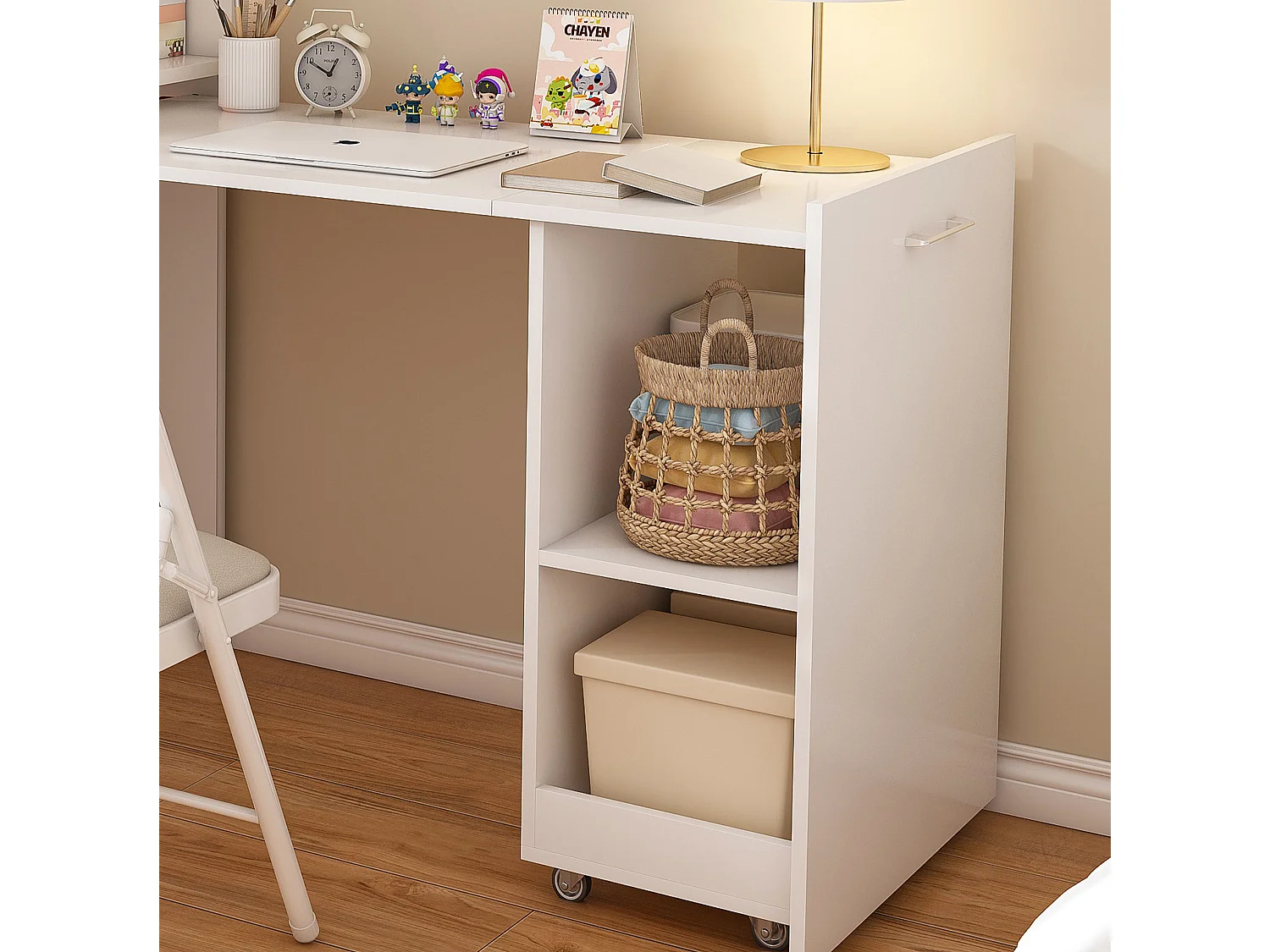 Escritorio extensible con almacenamiento y estantes ajustables - Blanco