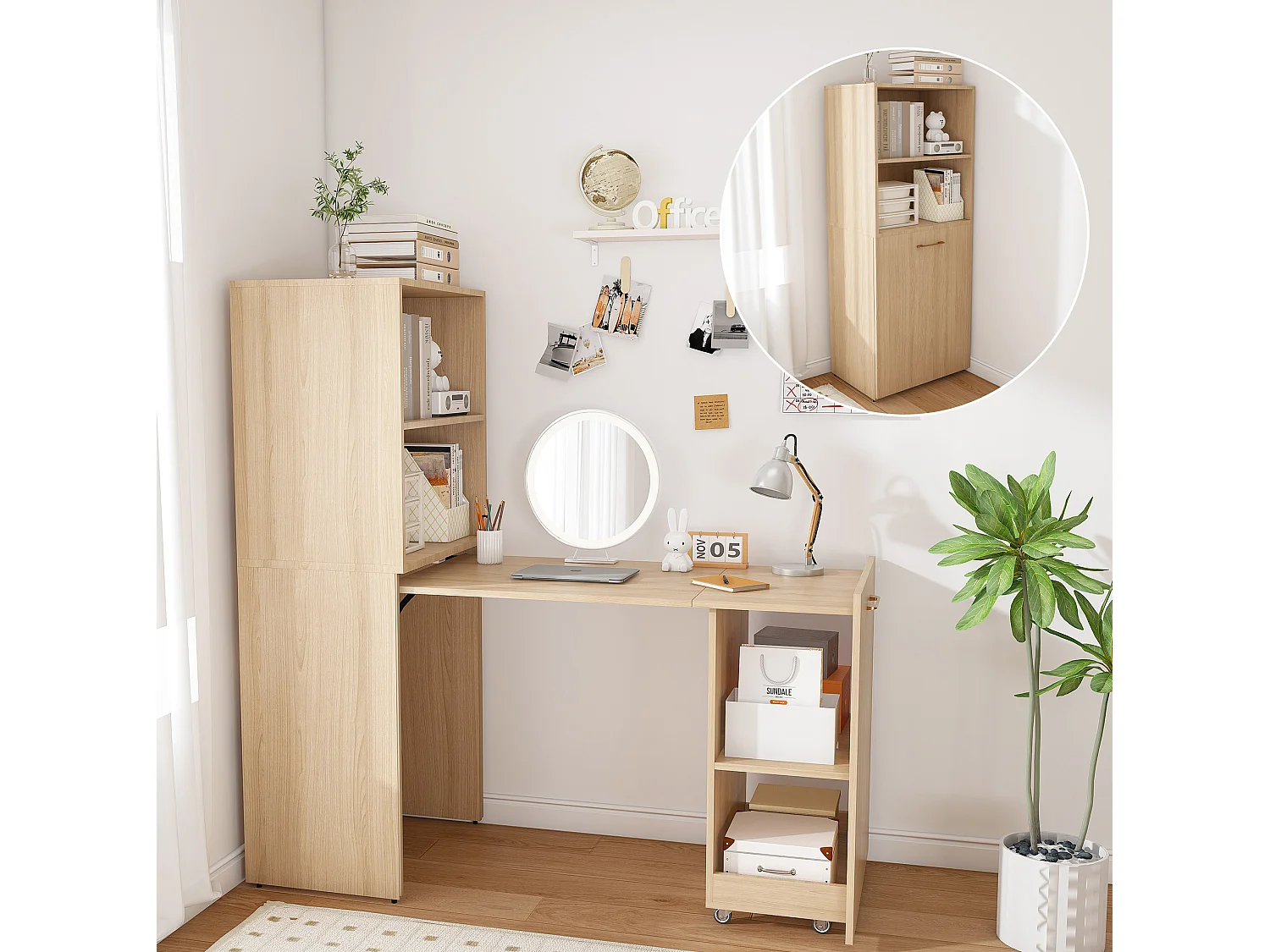 Escritorio extensible con almacenamiento y estantes ajustables - Natural claro