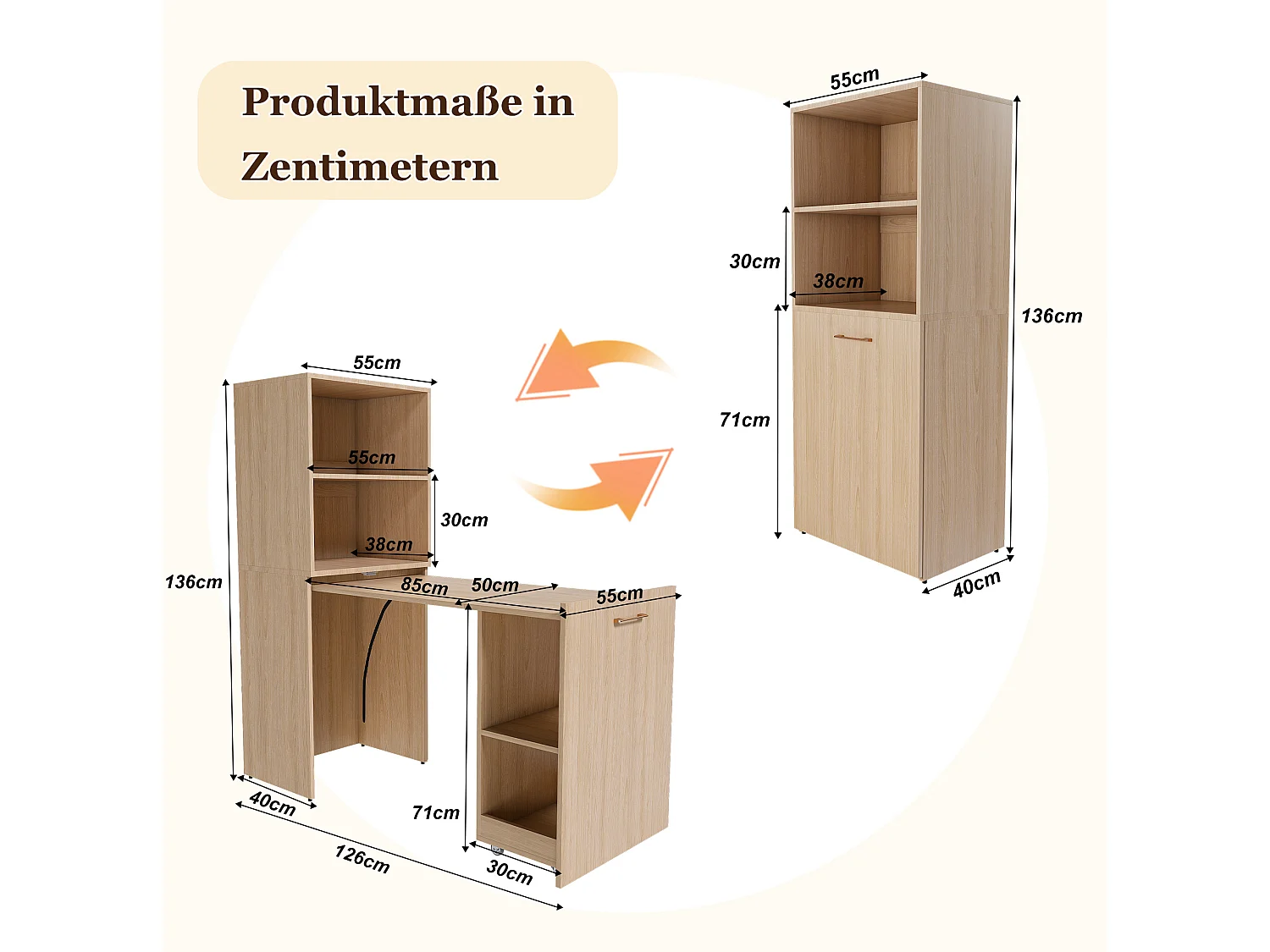 Escritorio extensible con almacenamiento y estantes ajustables - Natural claro