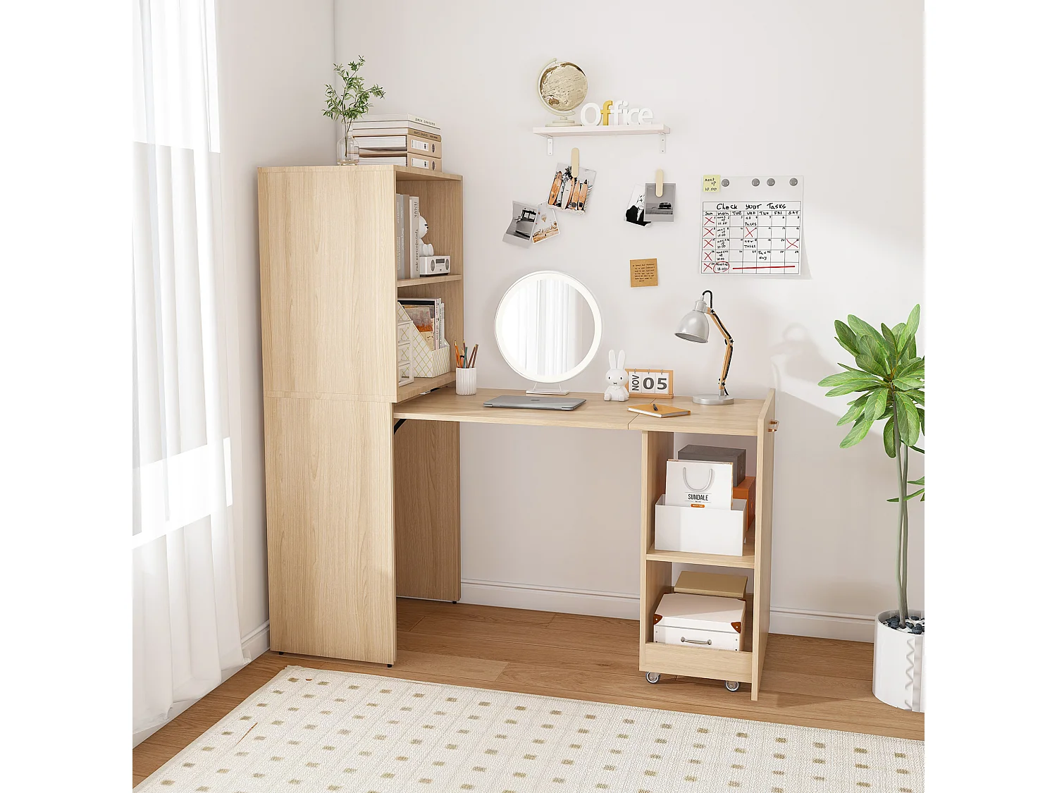 Escritorio extensible con almacenamiento y estantes ajustables - Natural claro