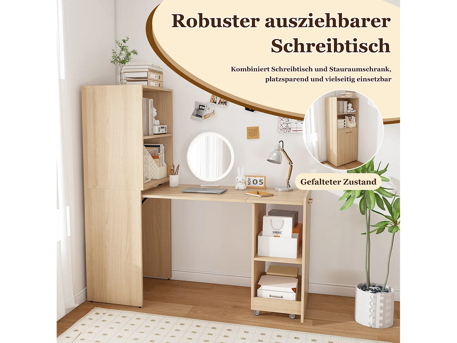 Escritorio extensible con almacenamiento y estantes ajustables - Natural claro