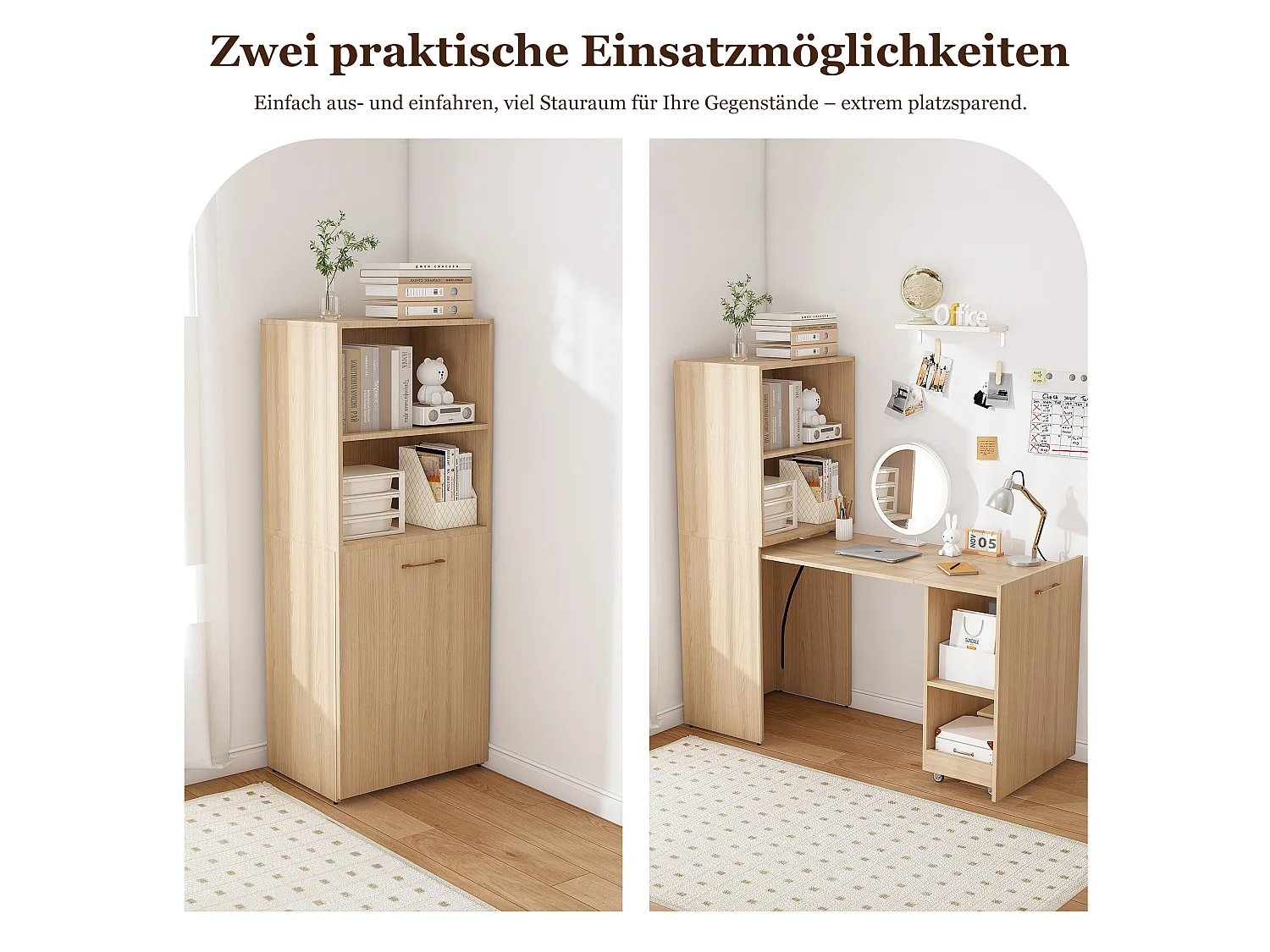 Escritorio extensible con almacenamiento y estantes ajustables - Natural claro