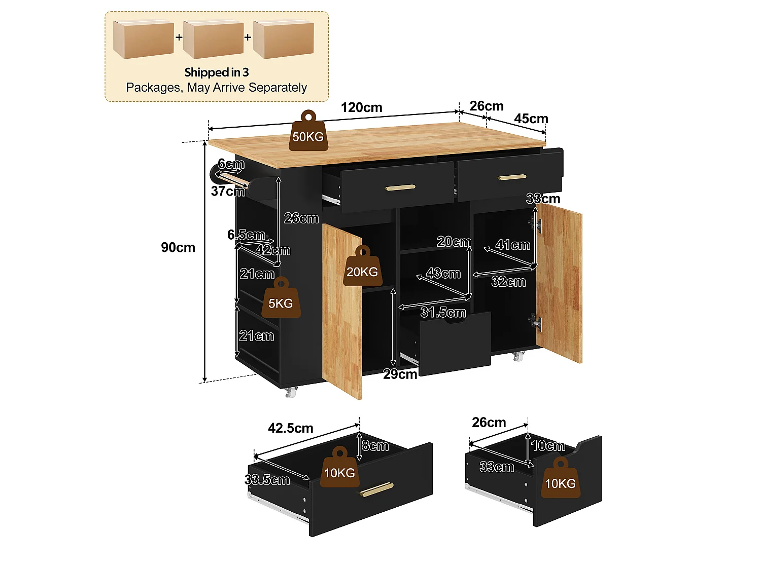 Îlot de cuisine mobile avec étagère à épices à 3 niveaux et 3 tiroirs - Noir