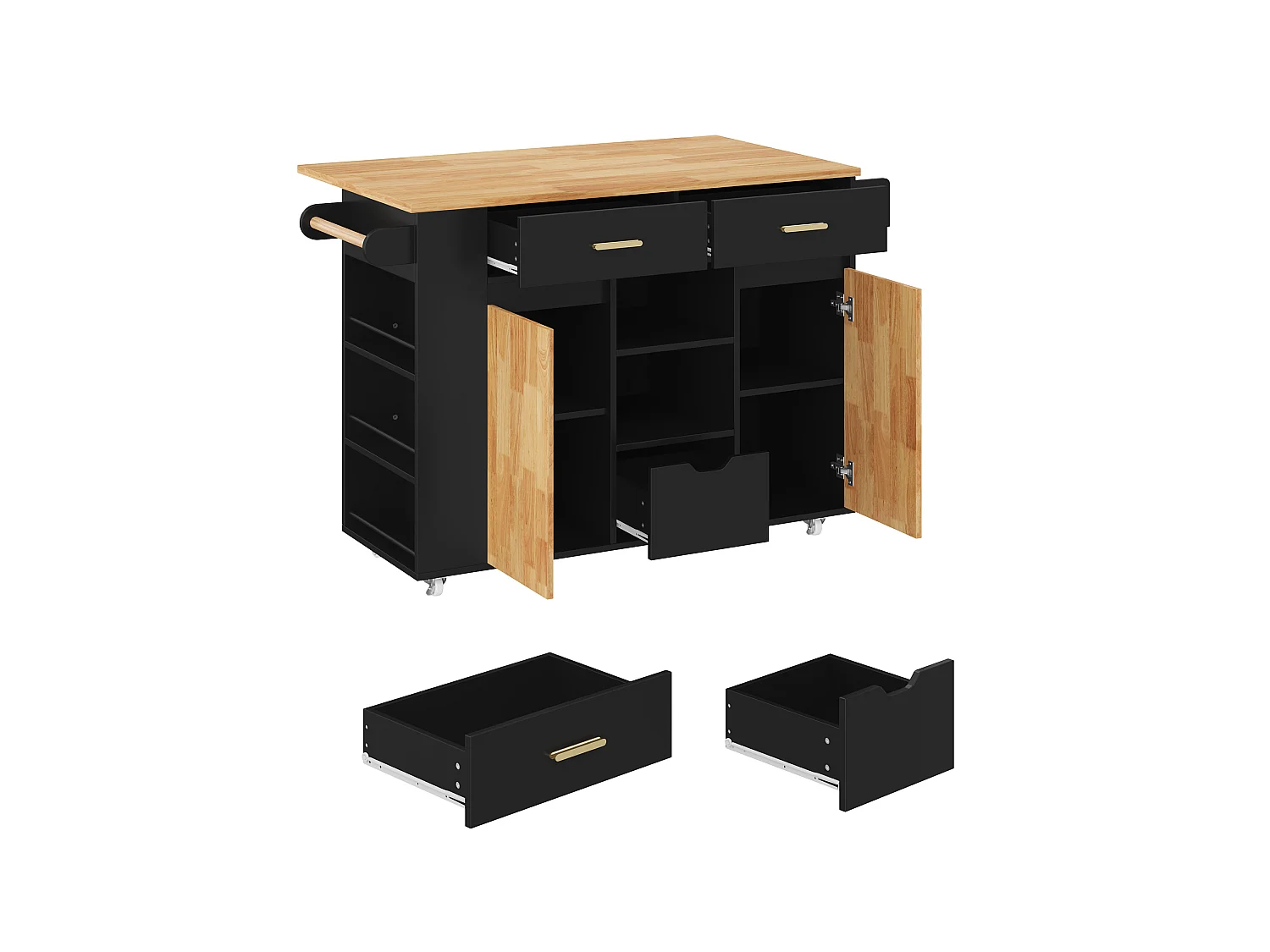 Îlot de cuisine mobile avec étagère à épices à 3 niveaux et 3 tiroirs - Noir
