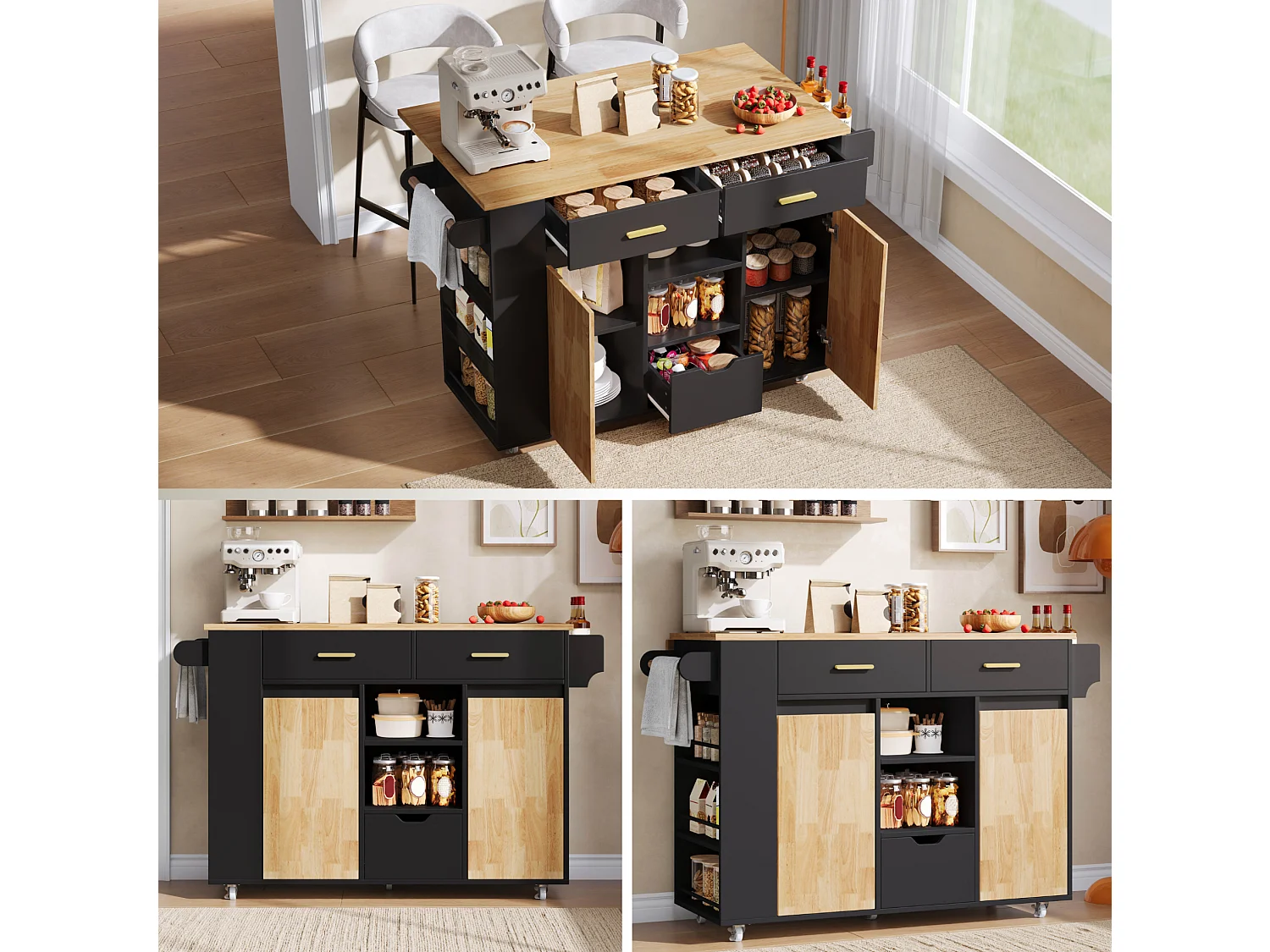 Îlot de cuisine mobile avec étagère à épices à 3 niveaux et 3 tiroirs - Noir
