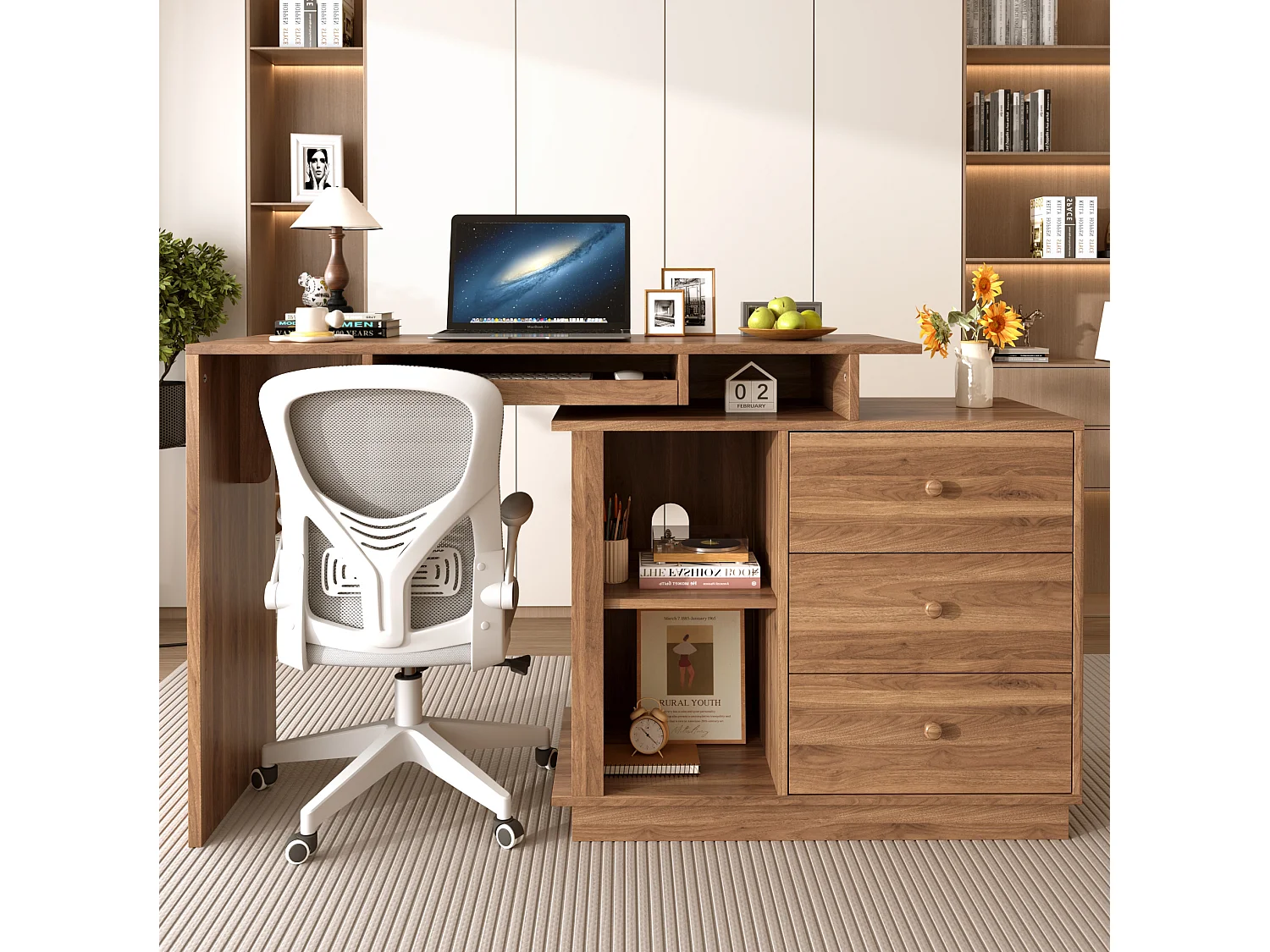 Modern bureau met uitschuifbaar toetsenbordplateau en 3 lades - Bruin