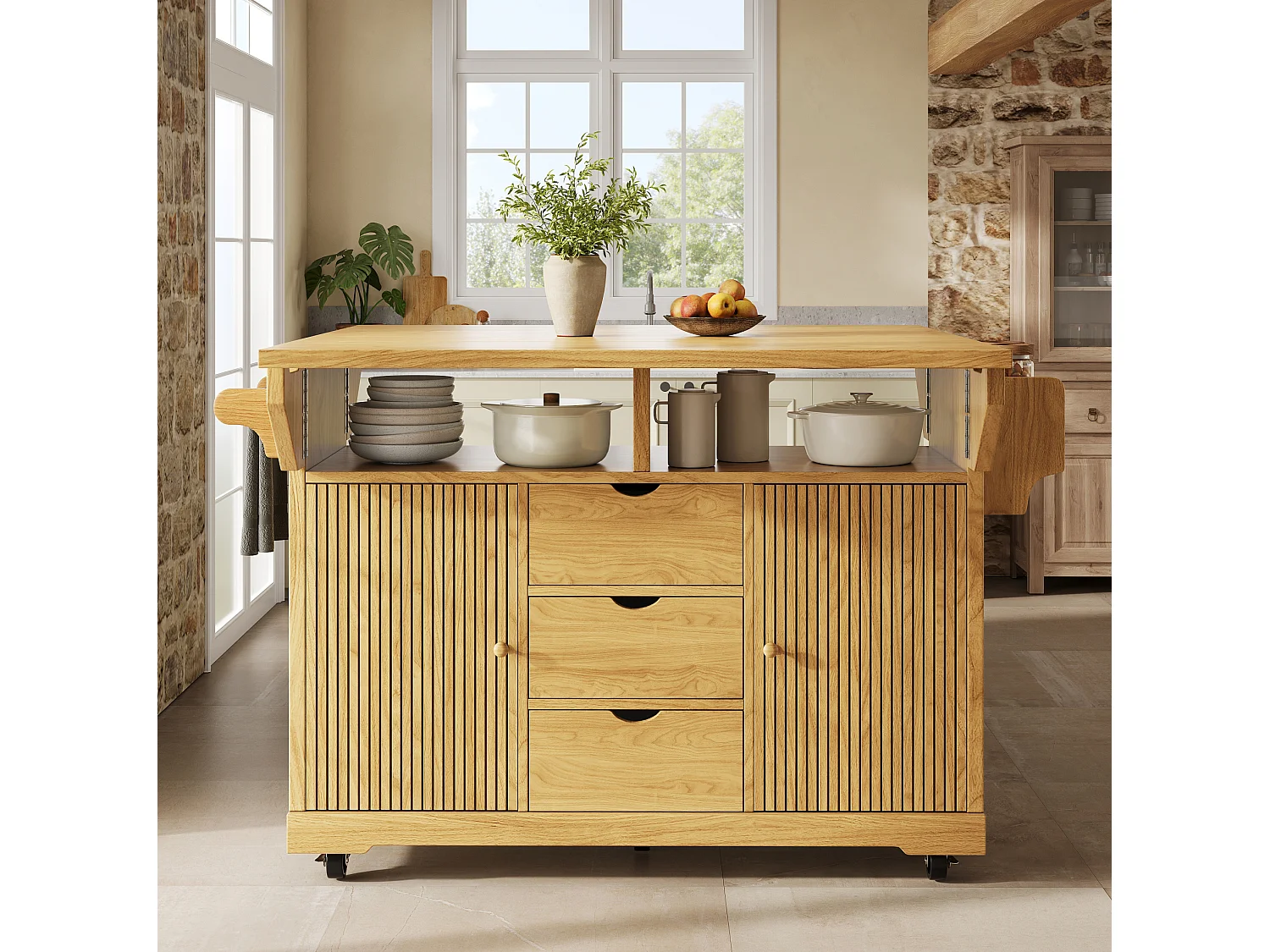 Îlot central de cuisine mobile avec rallonges rabattables et tiroirs - Brun naturel