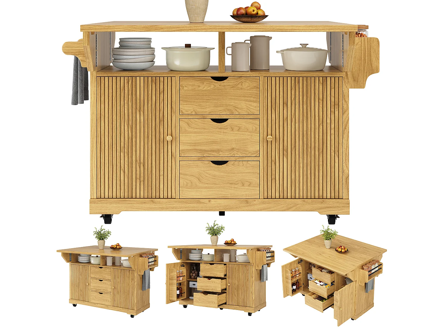 Îlot central de cuisine mobile avec rallonges rabattables et tiroirs - Brun naturel