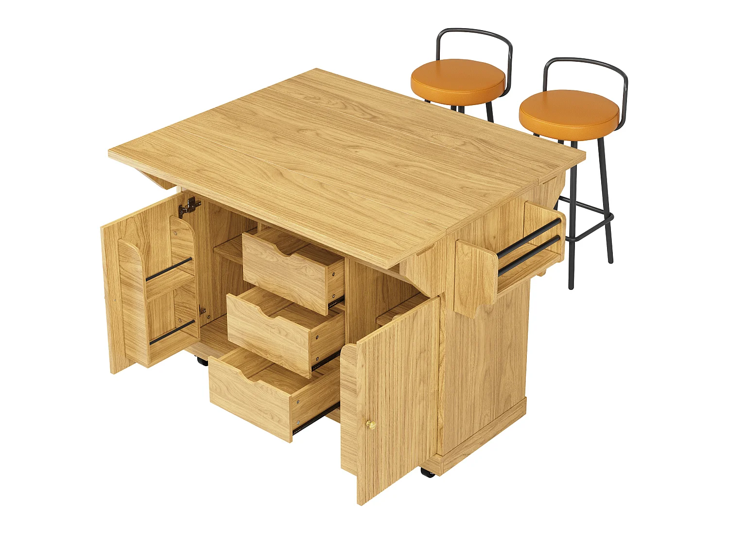 Îlot central de cuisine mobile avec rallonges rabattables et tiroirs - Brun naturel