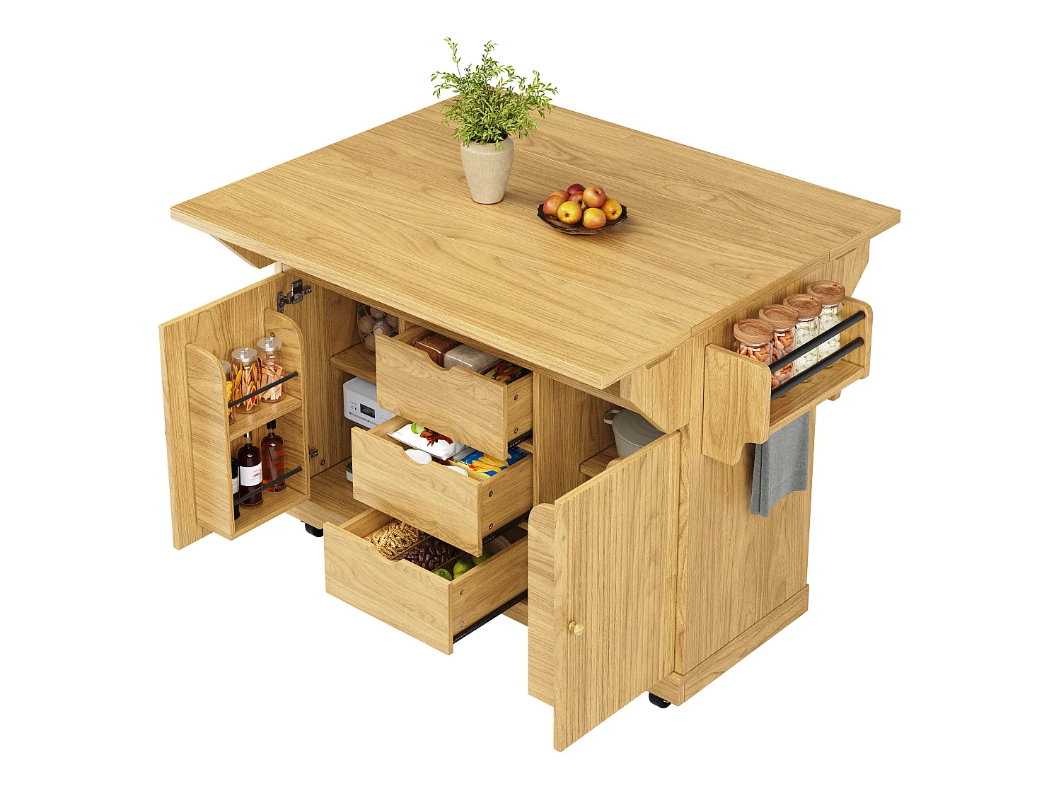 Îlot central de cuisine mobile avec rallonges rabattables et tiroirs - Brun naturel