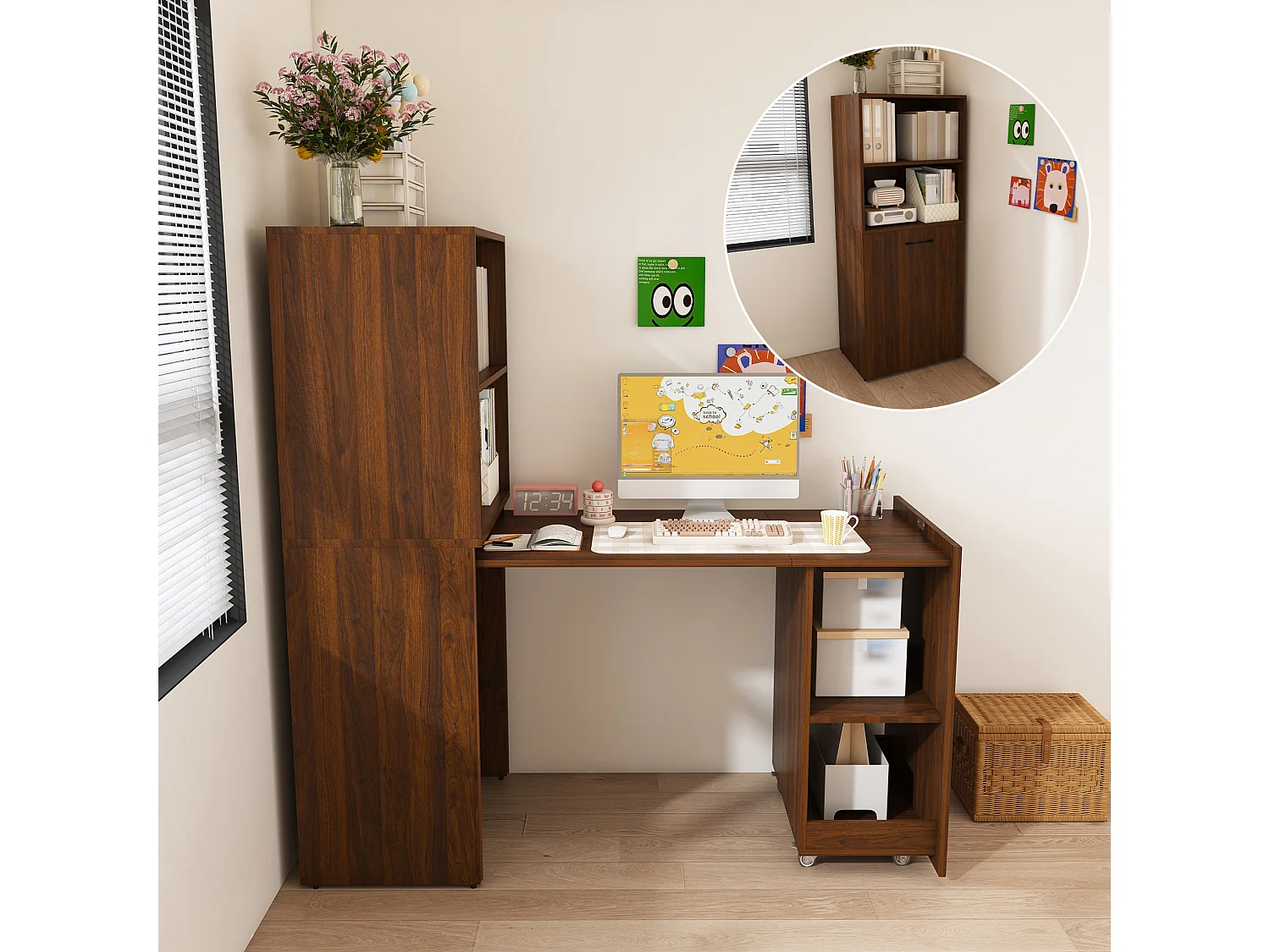 Escritorio extensible con almacenamiento y estantes ajustables - Marrón