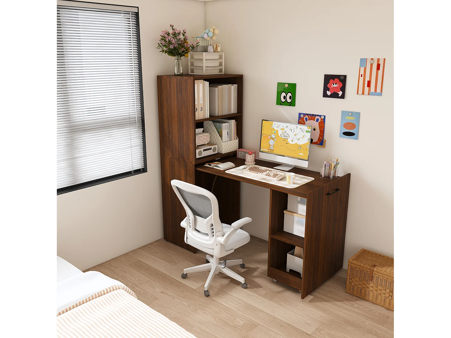Escritorio extensible con almacenamiento y estantes ajustables - Marrón
