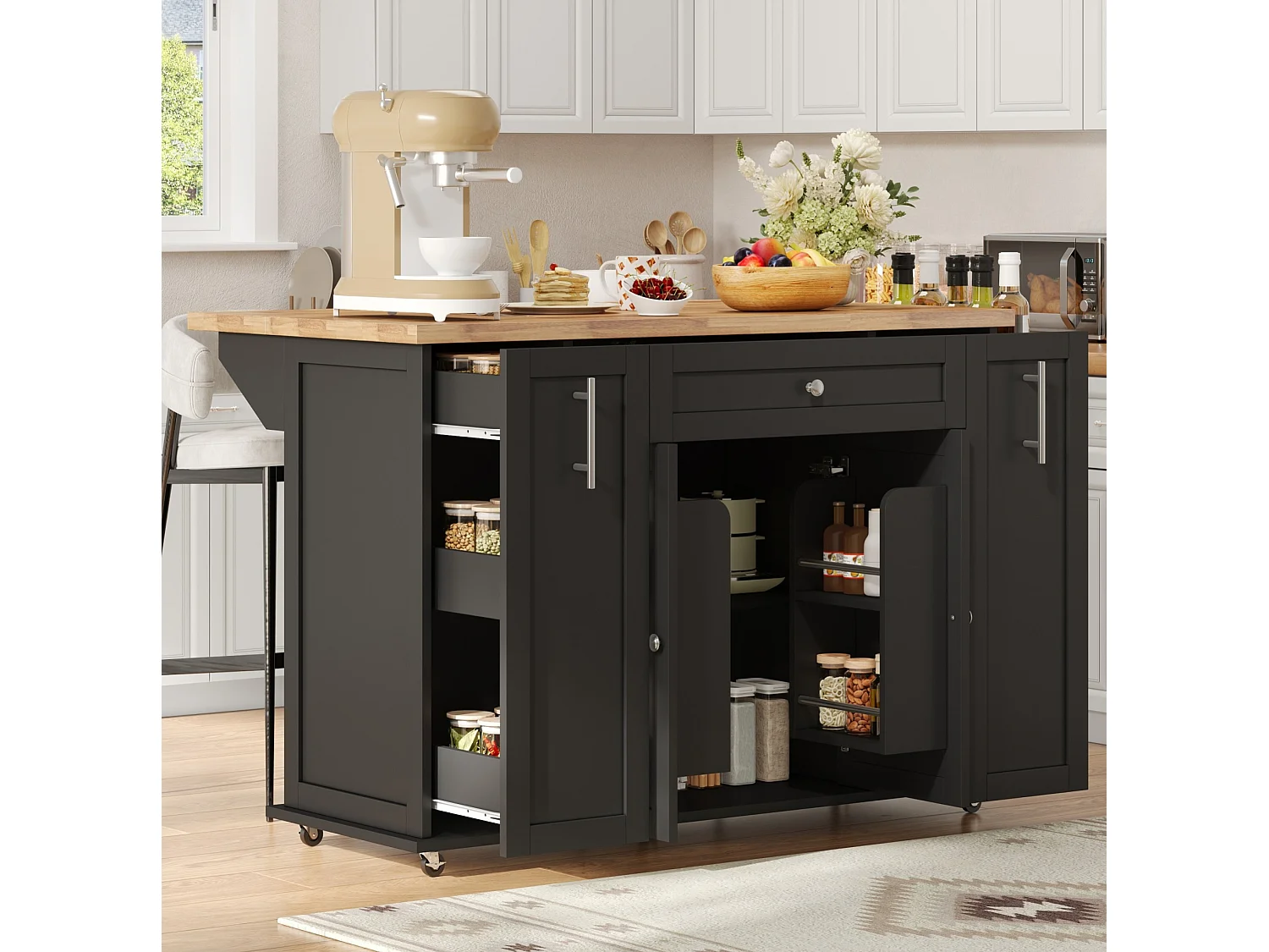 Îlot de cuisine mobile avec 3 tiroirs, 2 portes - Noir 120 × 45 (70) × 87 cm