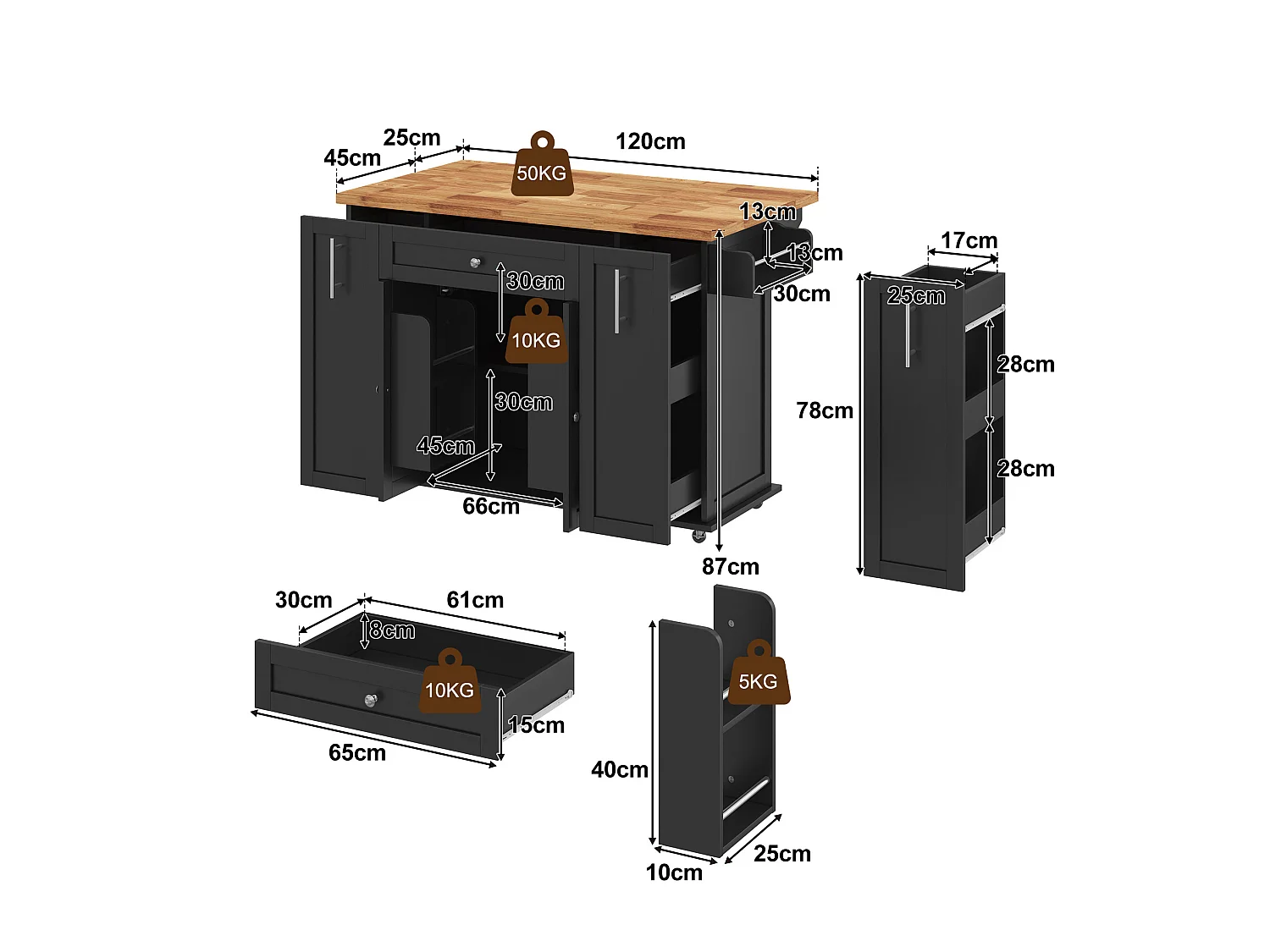 Îlot de cuisine mobile avec 3 tiroirs, 2 portes - Noir 120 × 45 (70) × 87 cm
