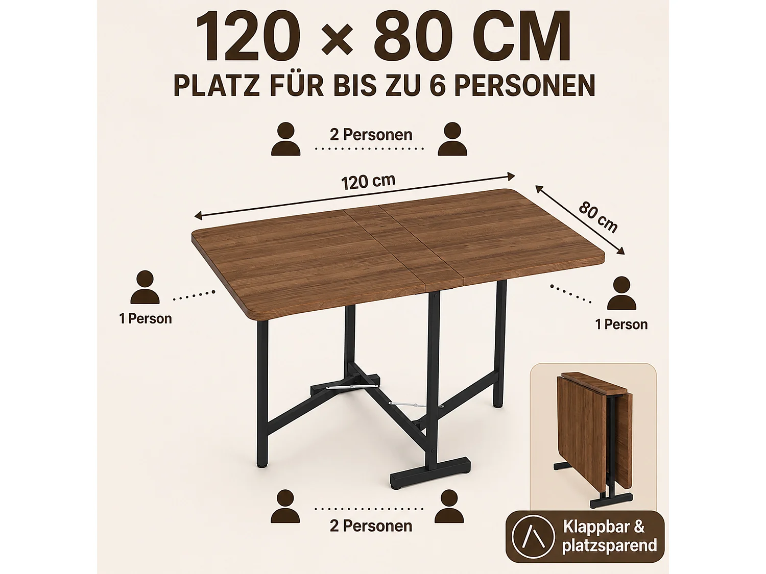 Table à manger pliable 120 x 80 cm marron - Pour 4-6 places