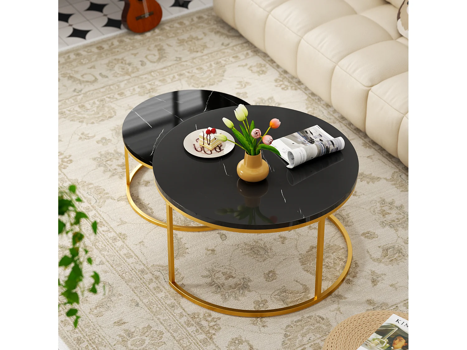 Set van 2 ronde bijzettafels, 80 cm en 60 cm - Zwart en goud