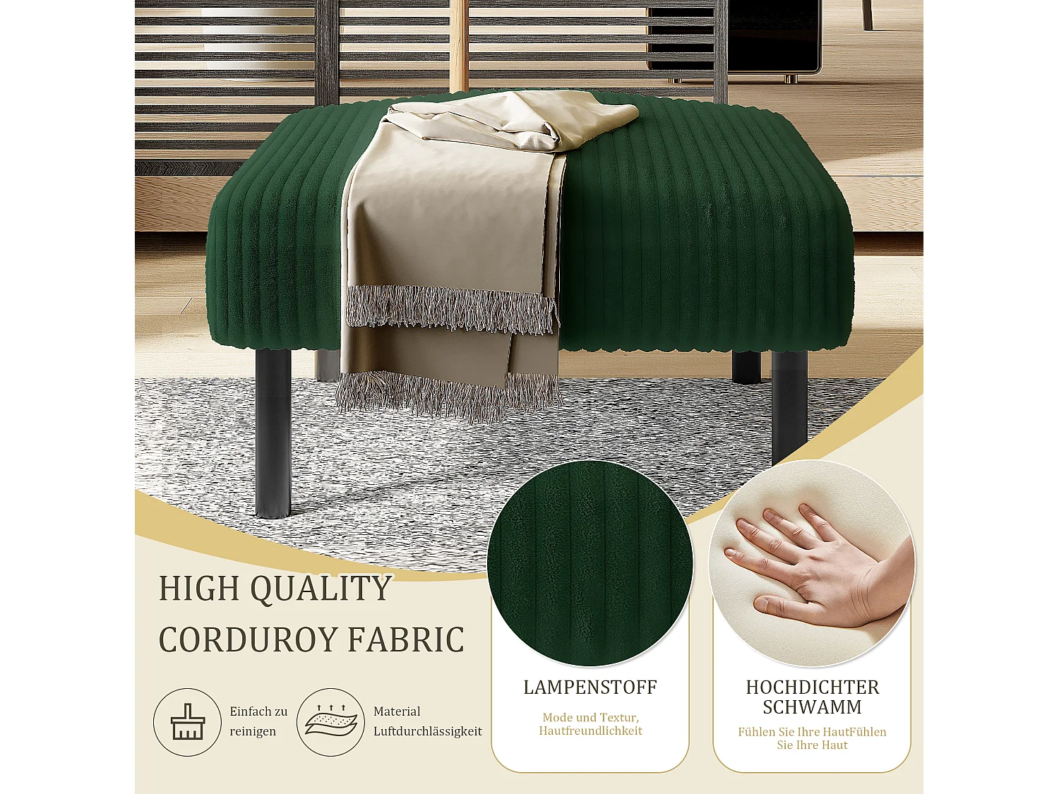 Cordury poef met metalen frame – Smaragdgroen