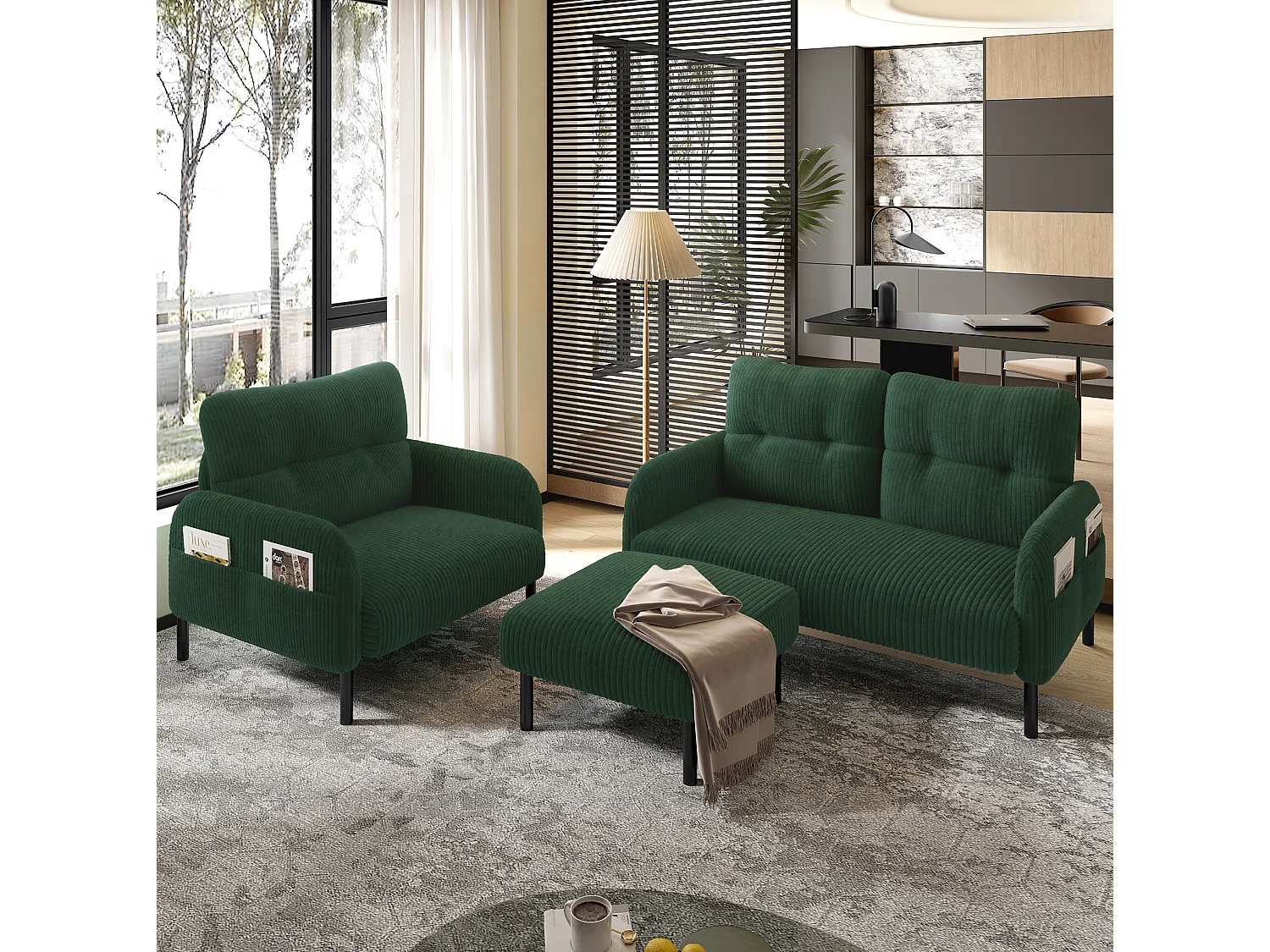 Cordury poef met metalen frame – Smaragdgroen