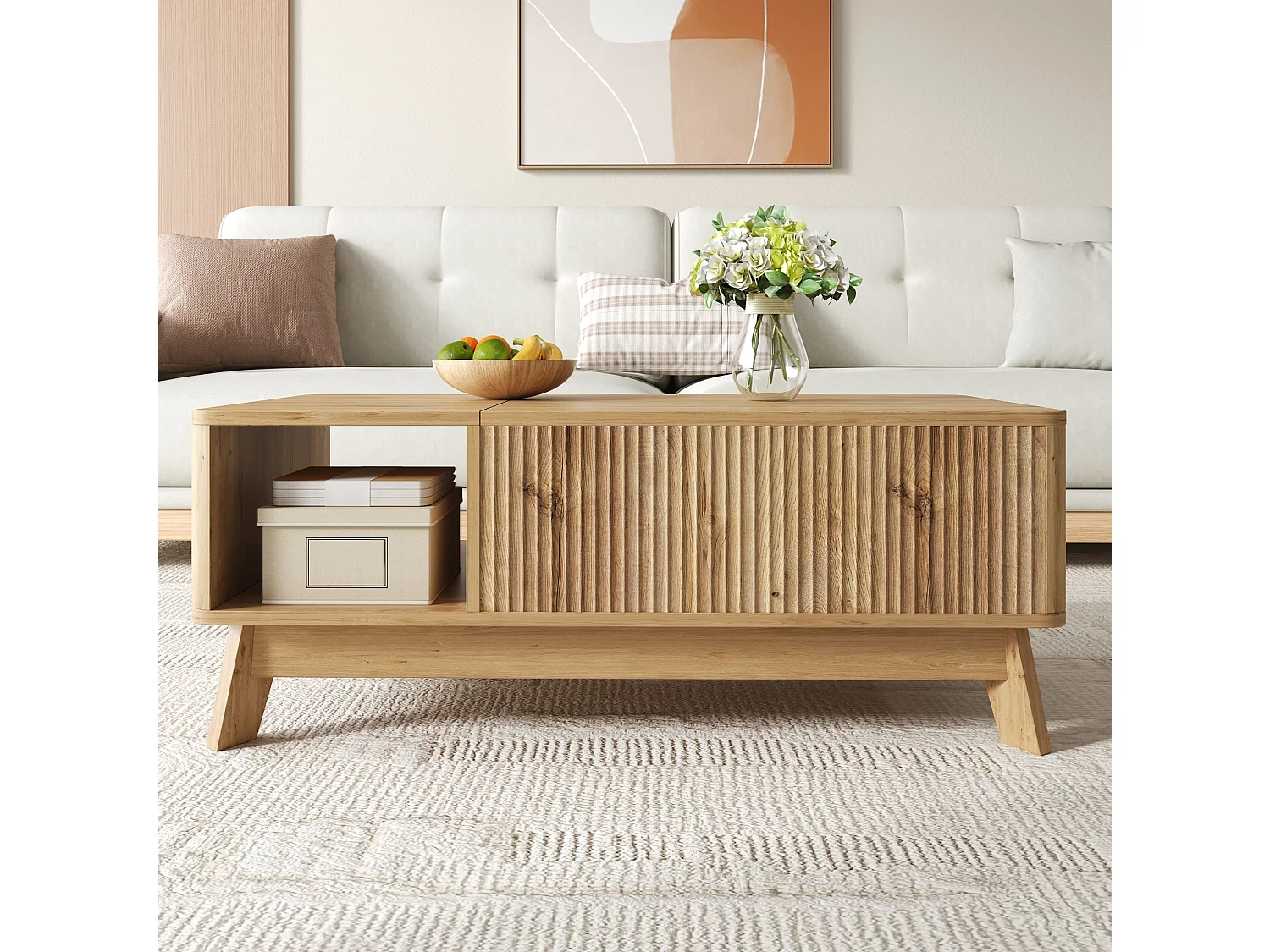Table basse relevable 95x48x50 cm avec rangement caché - Naturel clair
