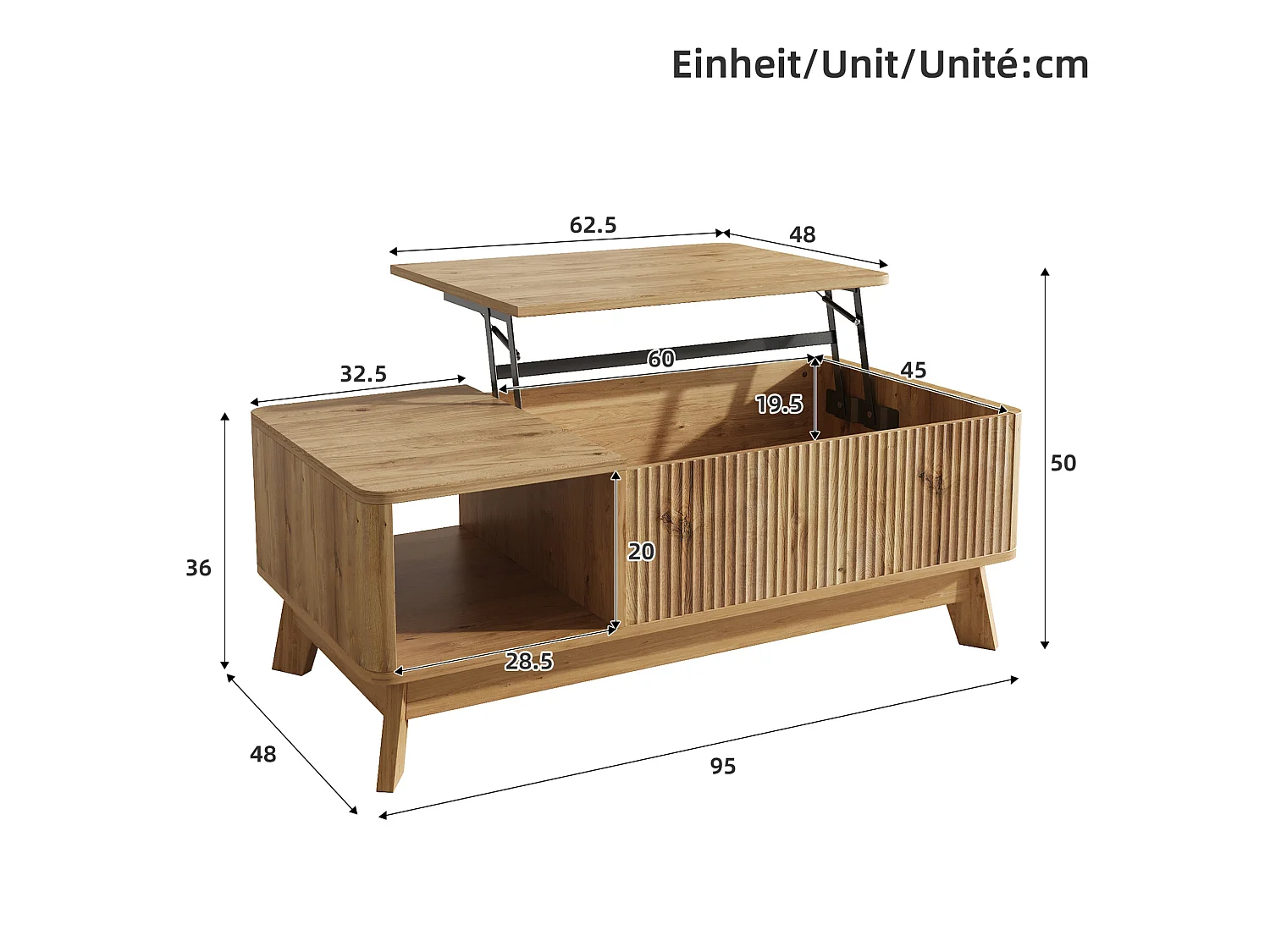 Table basse relevable 95x48x50 cm avec rangement caché - Naturel clair