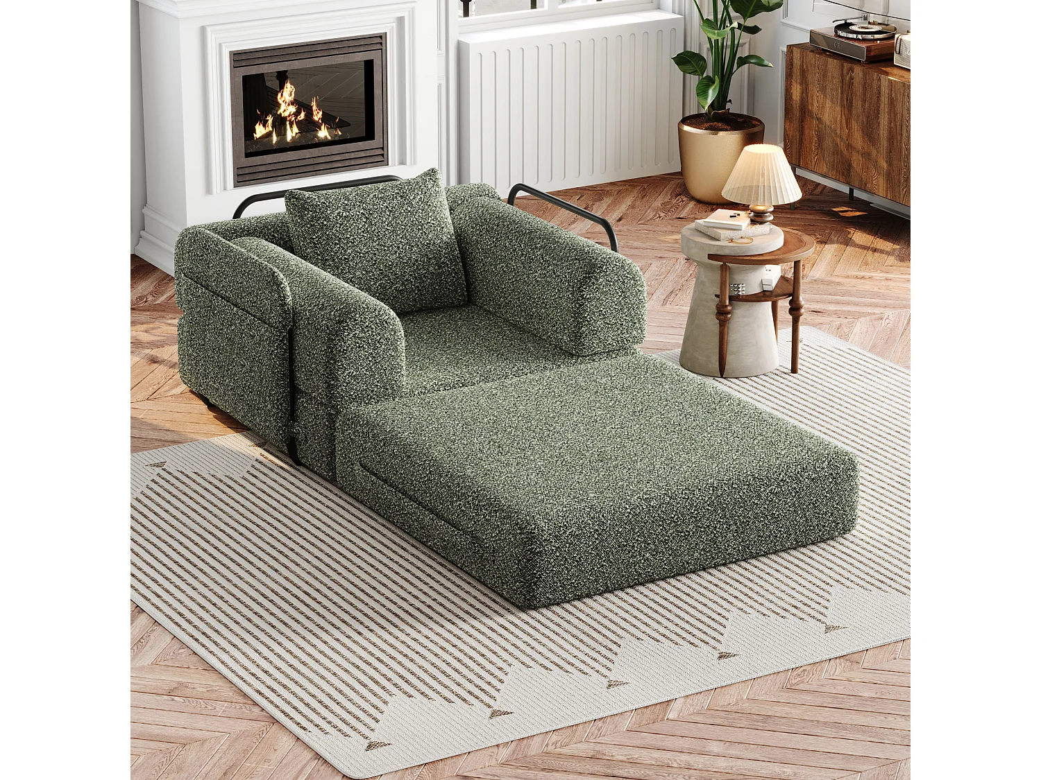 Sillón convertible de chenilla con 3 estructuras metálicas - Verde