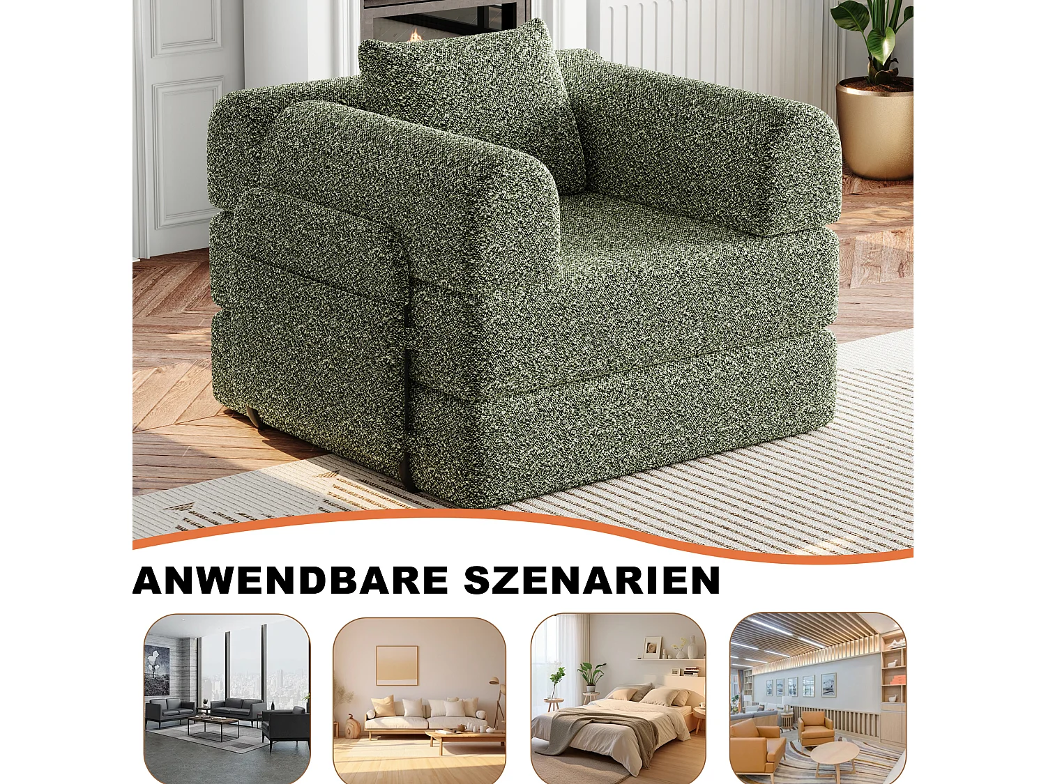 Sillón convertible de chenilla con 3 estructuras metálicas - Verde