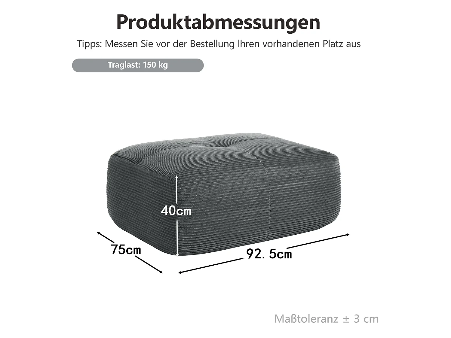 Grijze corduroy poef 92,5 x 75 x 40 cm