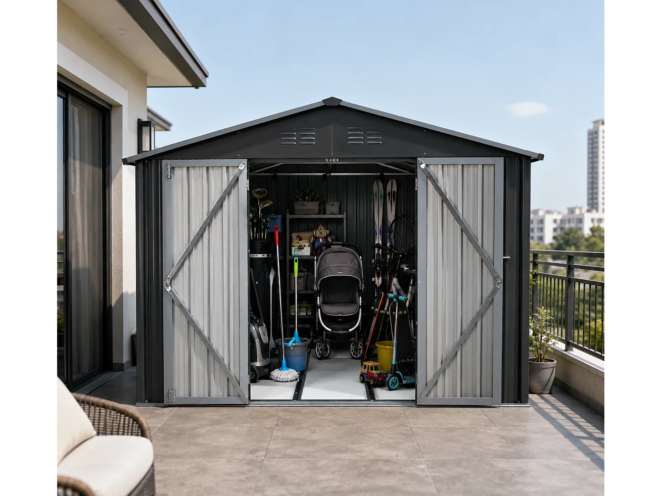 Abri de jardin 7,46 m² métallique avec toit à deux pans et plancher intégré - Gris