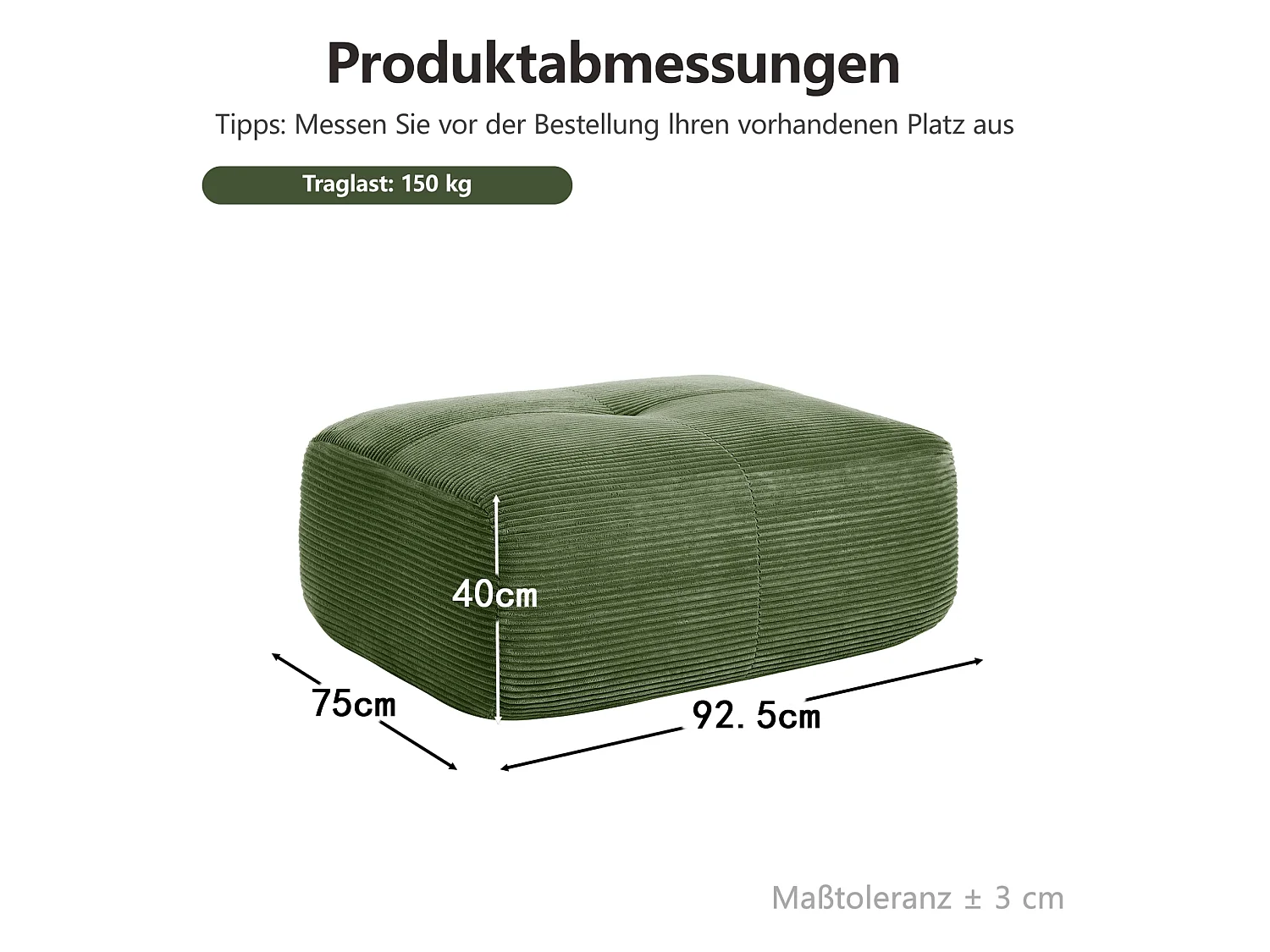 Groene corduroy poef 92,5 x 75 x 40 cm