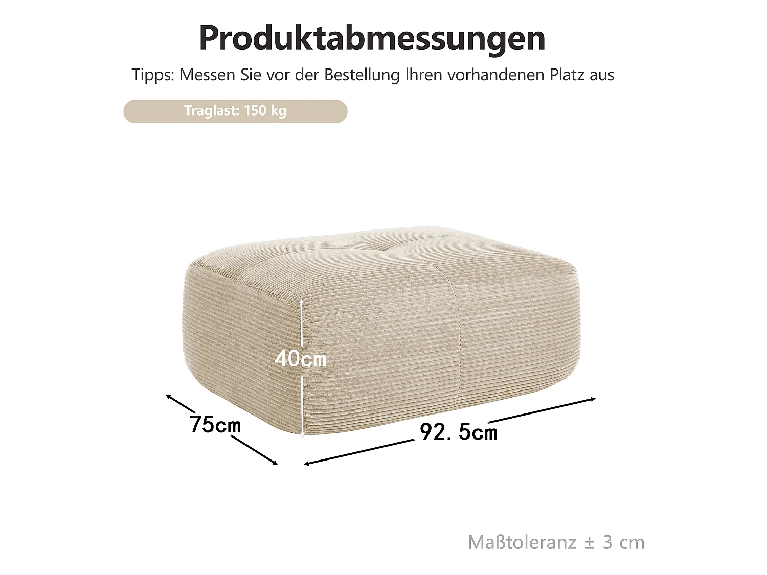Beige corduroy poef 92,5 x 75 x 40 cm