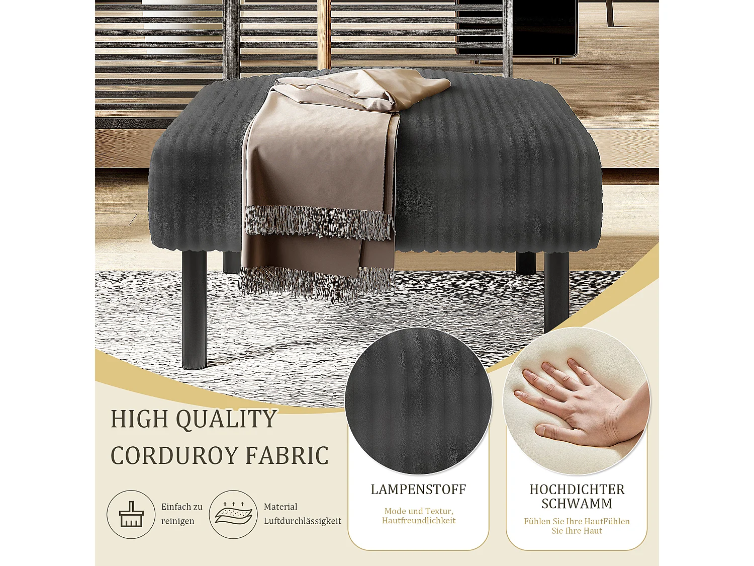 Cordury poef met metalen frame – Grijs