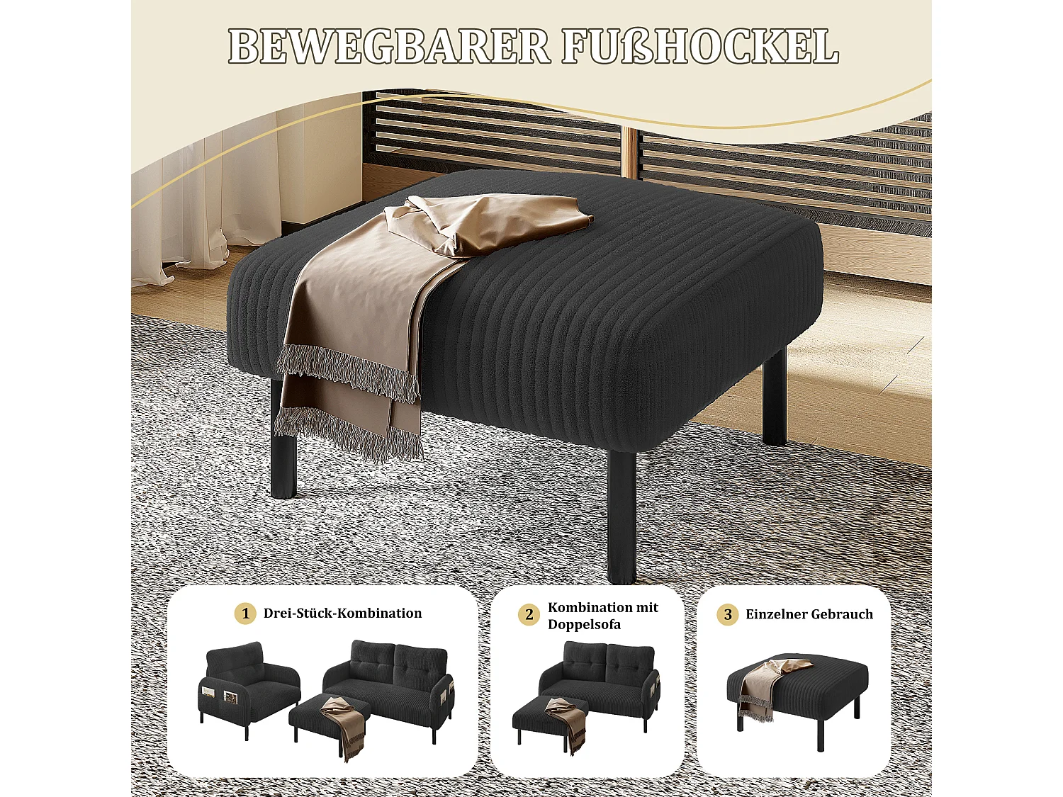 Cordury poef met metalen frame – Grijs