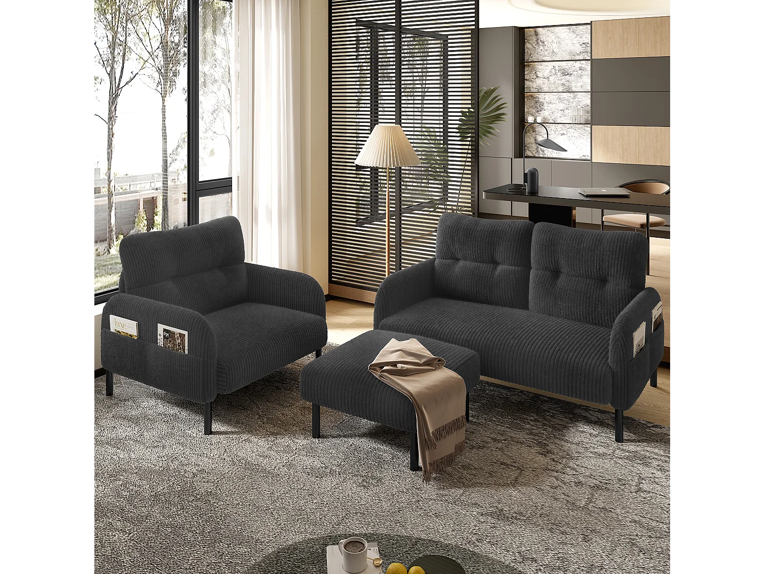 Cordury poef met metalen frame – Grijs