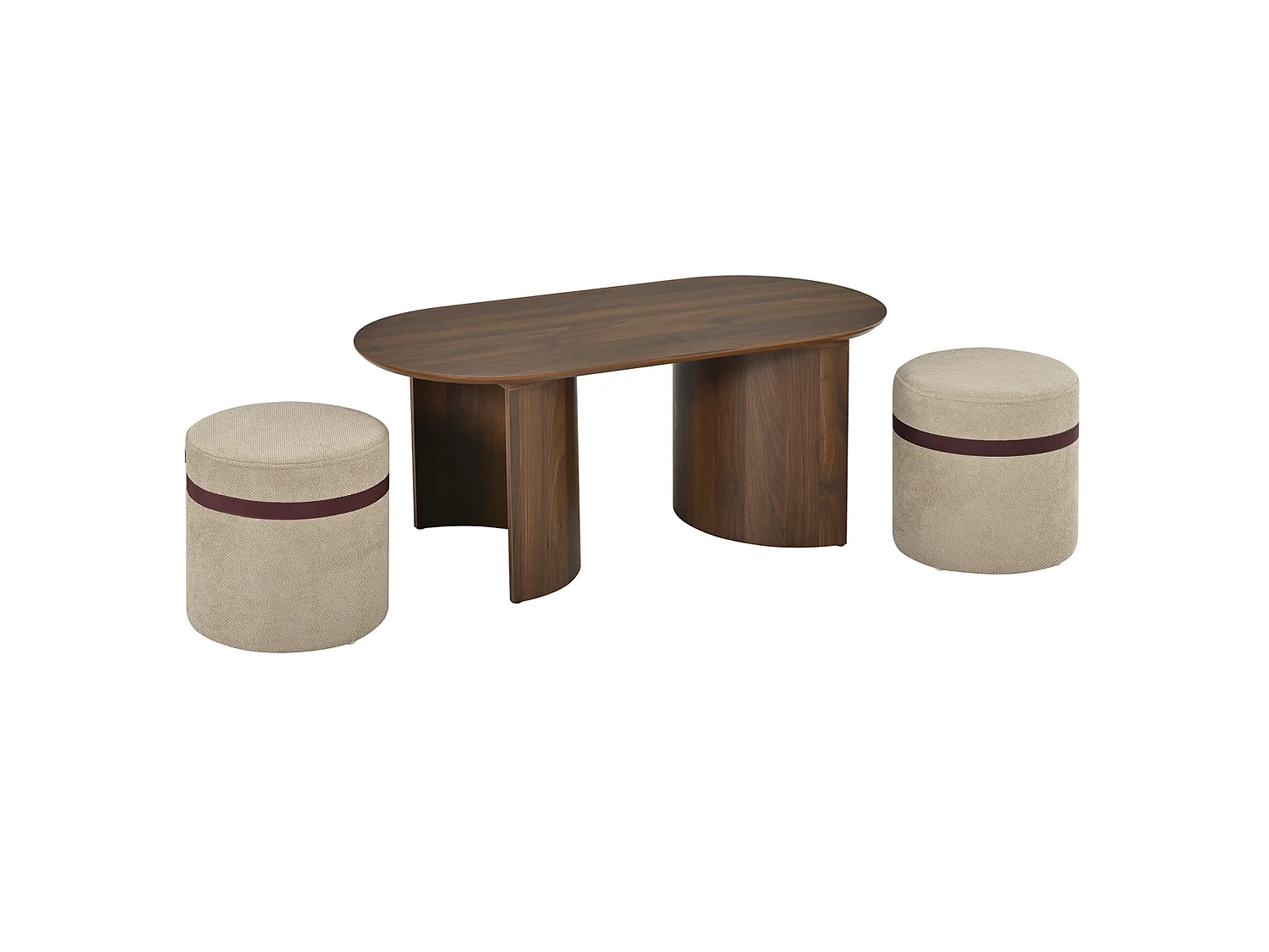 Table basse ovale 108 x 55 cm avec 2 tabourets - Marron