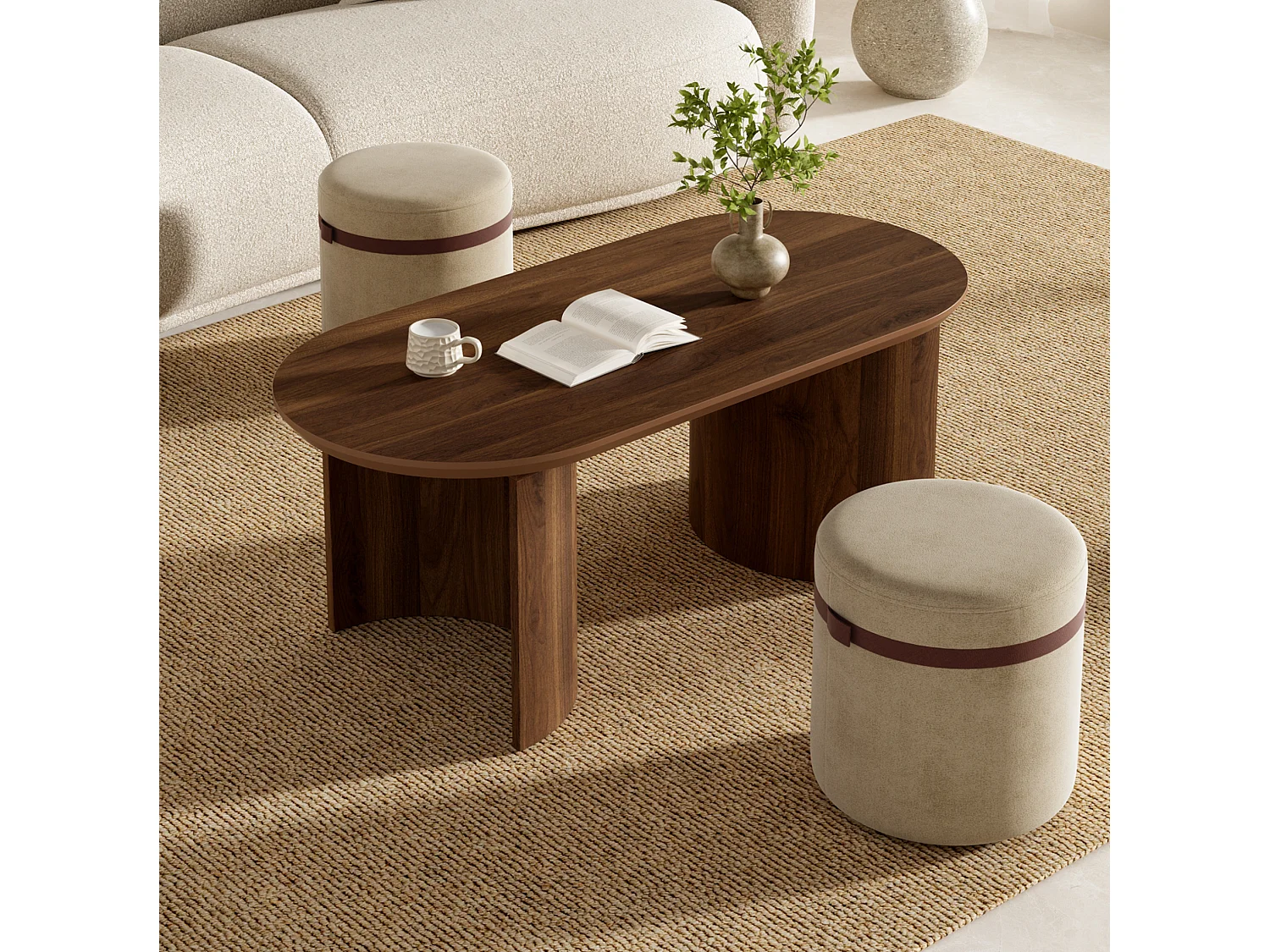 Table basse ovale 108 x 55 cm avec 2 tabourets - Marron