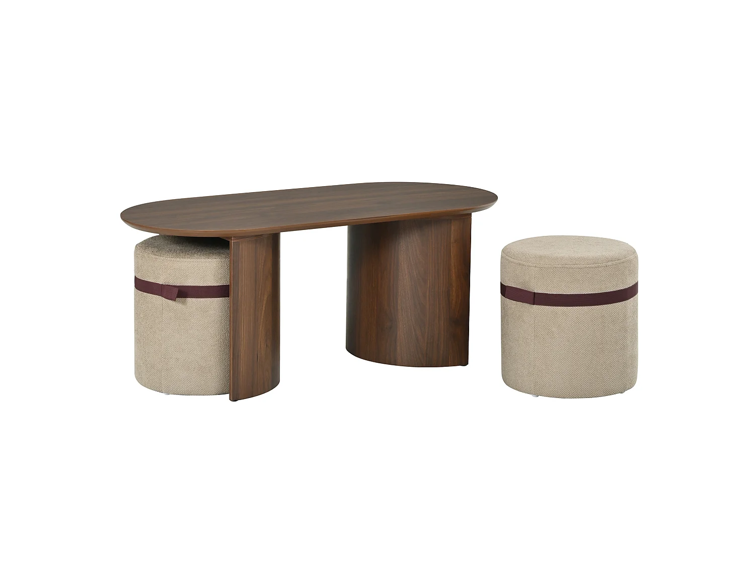 Table basse ovale 108 x 55 cm avec 2 tabourets - Marron
