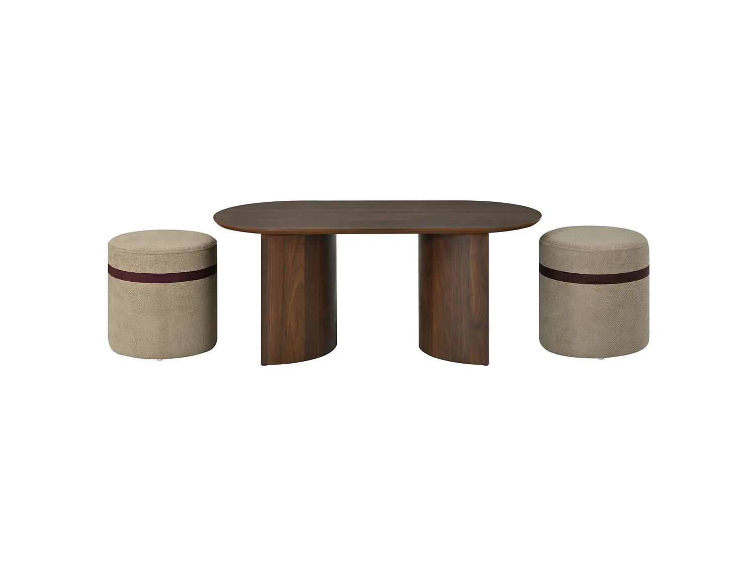 Table basse ovale 108 x 55 cm avec 2 tabourets - Marron
