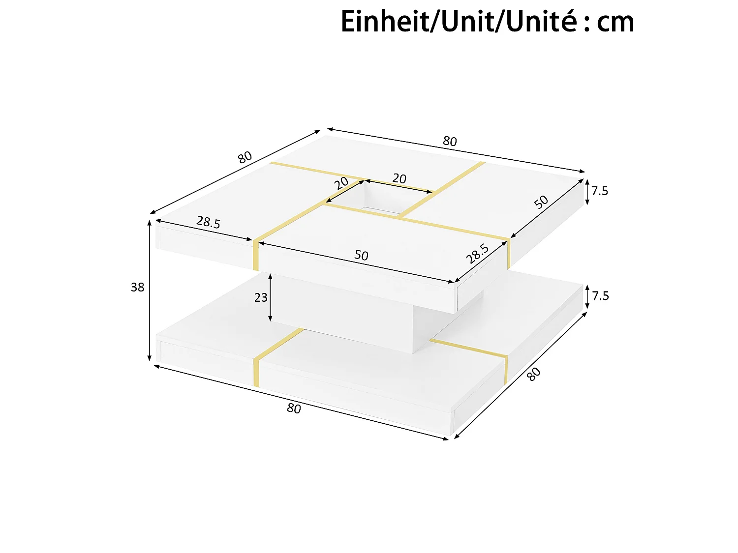 Vierkante salontafel 80 cm met gouden rand - Wit