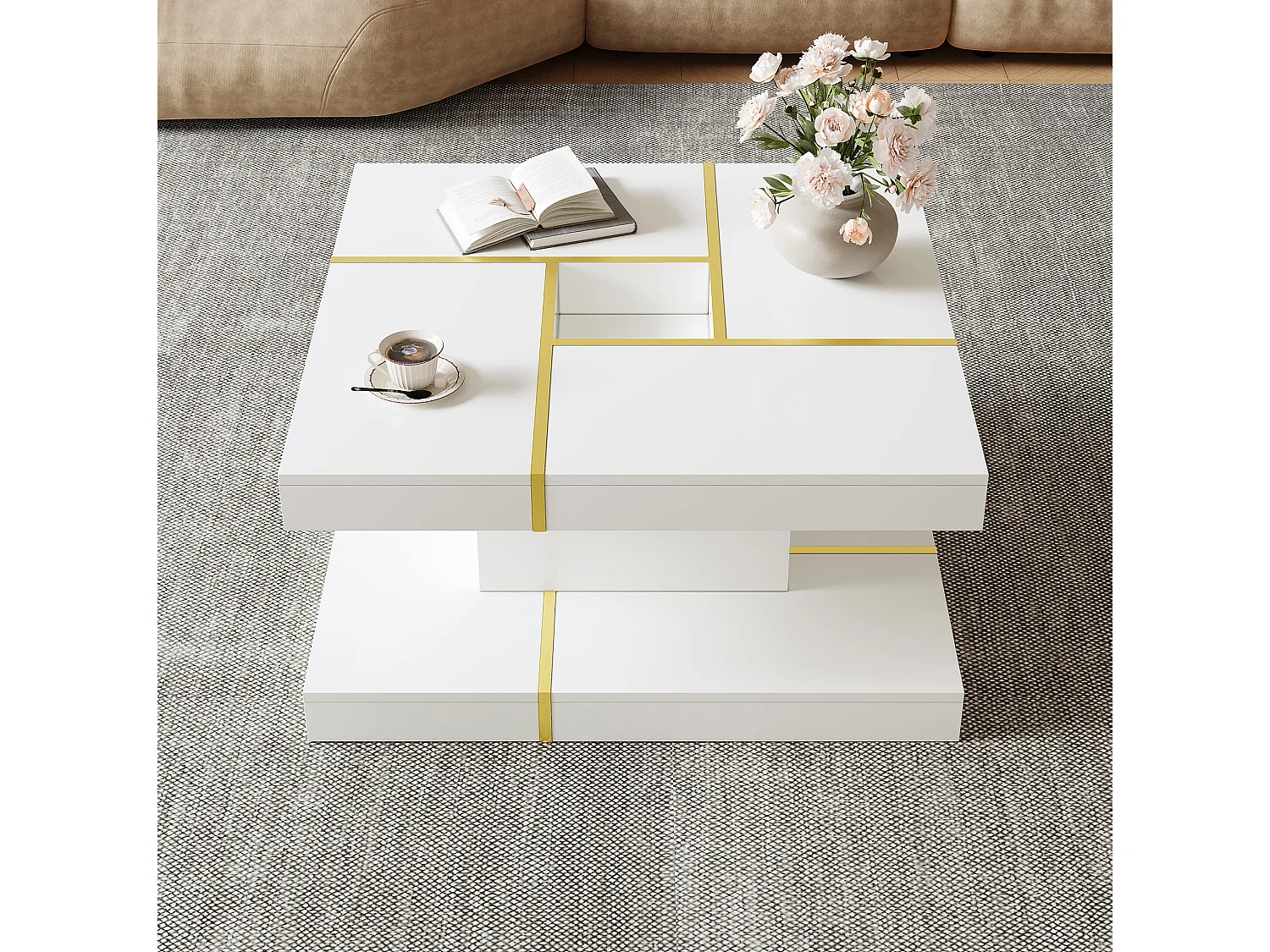 Vierkante salontafel 80 cm met gouden rand - Wit