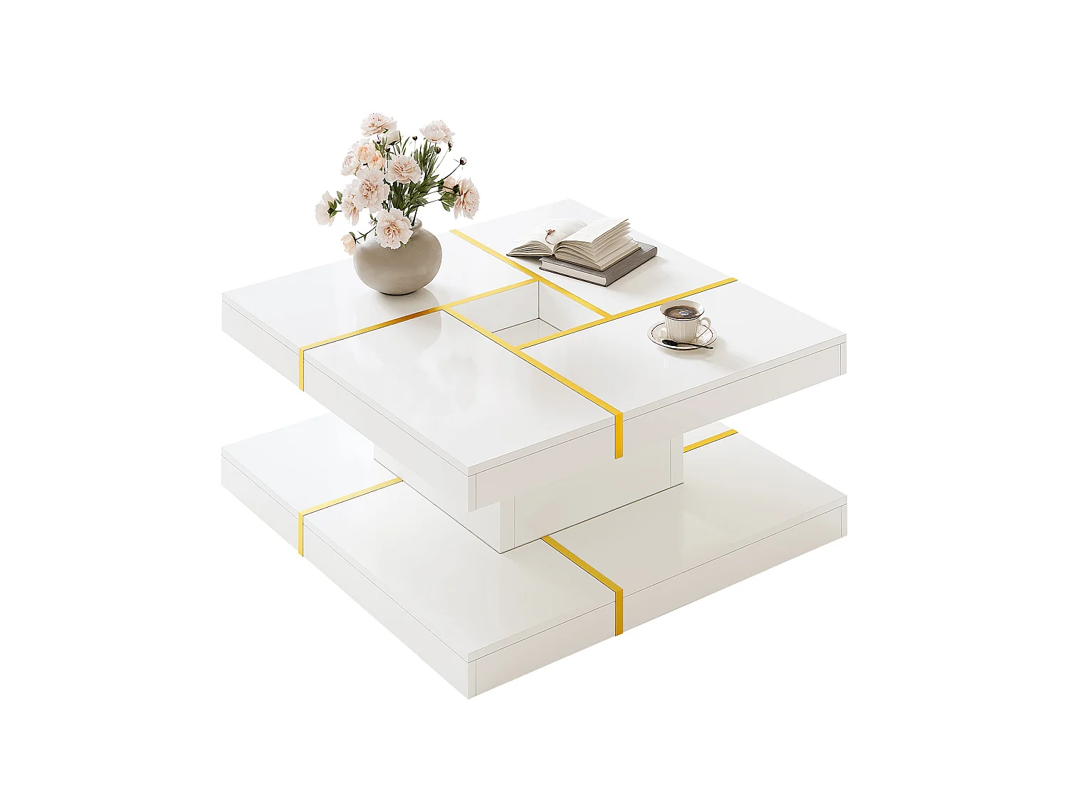 Vierkante salontafel 80 cm met gouden rand - Wit