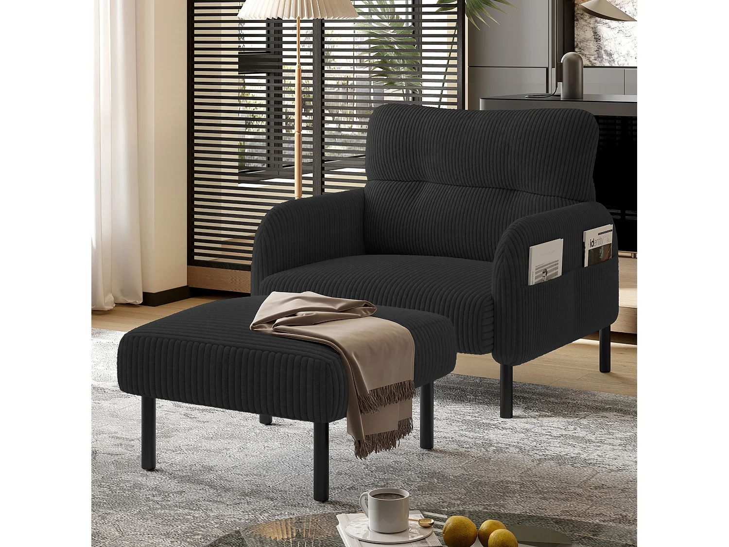 Cordury poef met metalen frame – Zwart