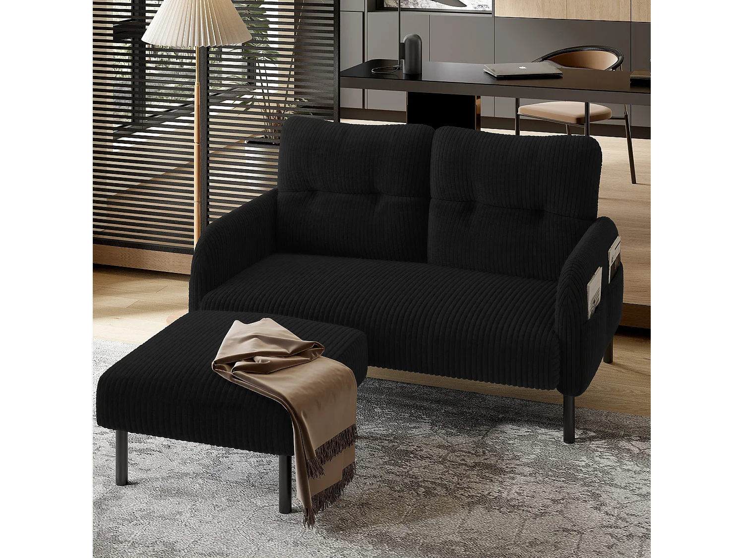Cordury poef met metalen frame – Zwart