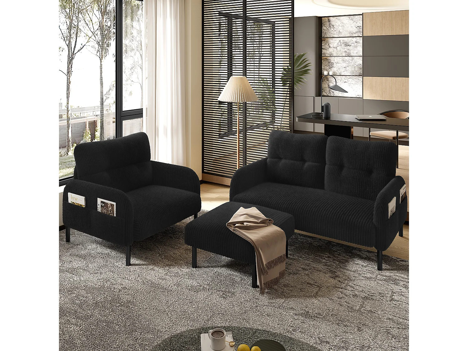 Cordury poef met metalen frame – Zwart