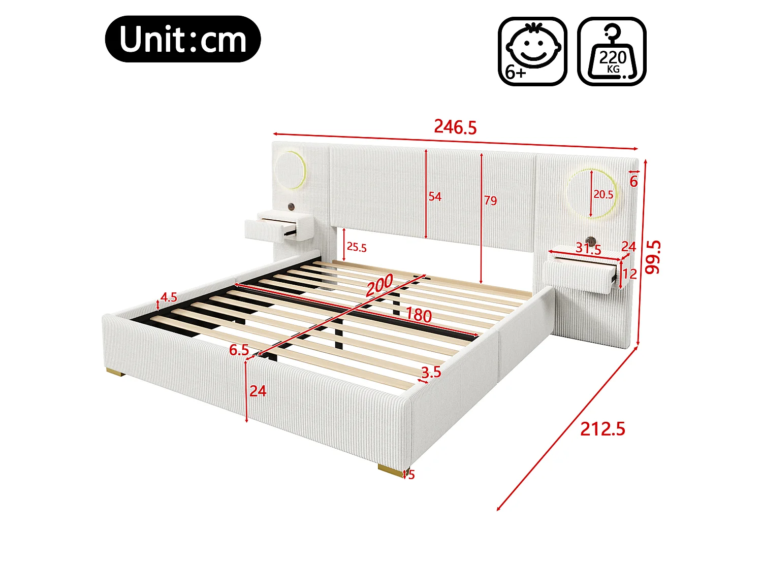 Tweepersoonsbed voor volwassenen 180x200 cm in fluweel met ledverlichting, USB-poorten en 2 lades - Beige