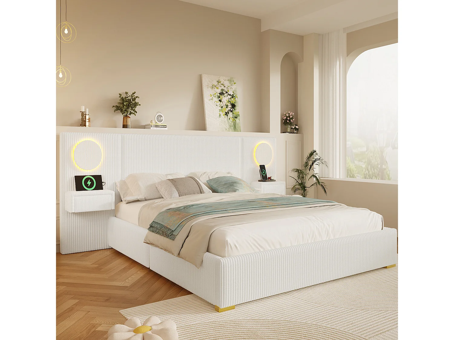 Tweepersoonsbed voor volwassenen 180x200 cm in fluweel met ledverlichting, USB-poorten en 2 lades - Beige