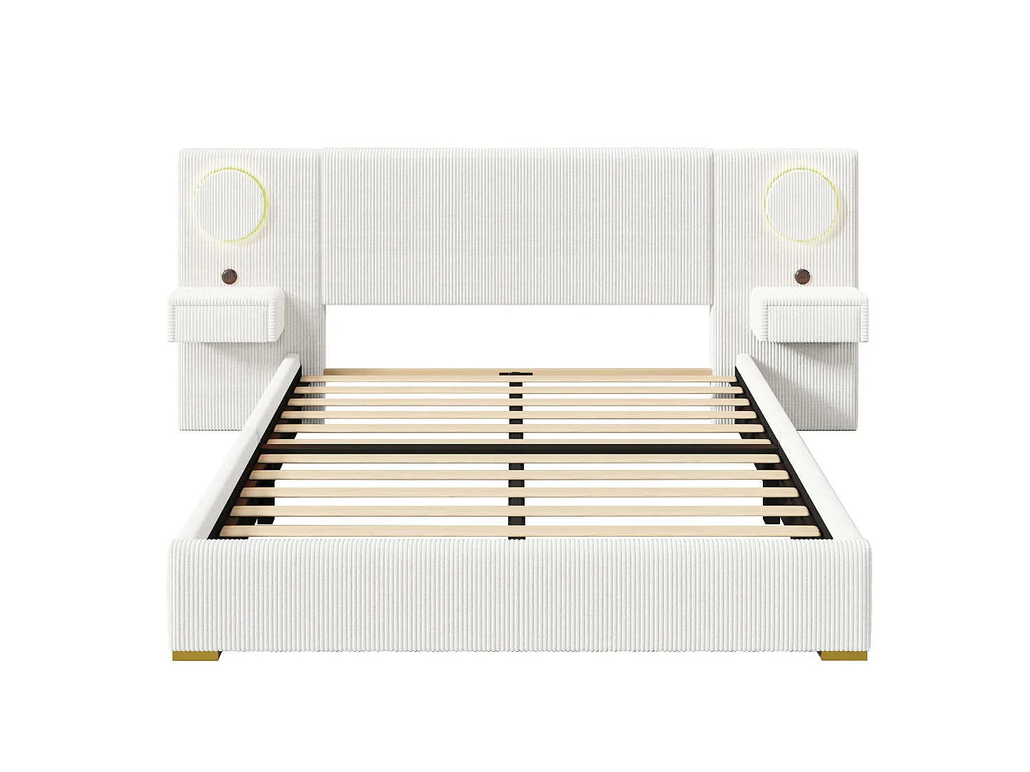Tweepersoonsbed voor volwassenen 180x200 cm in fluweel met ledverlichting, USB-poorten en 2 lades - Beige