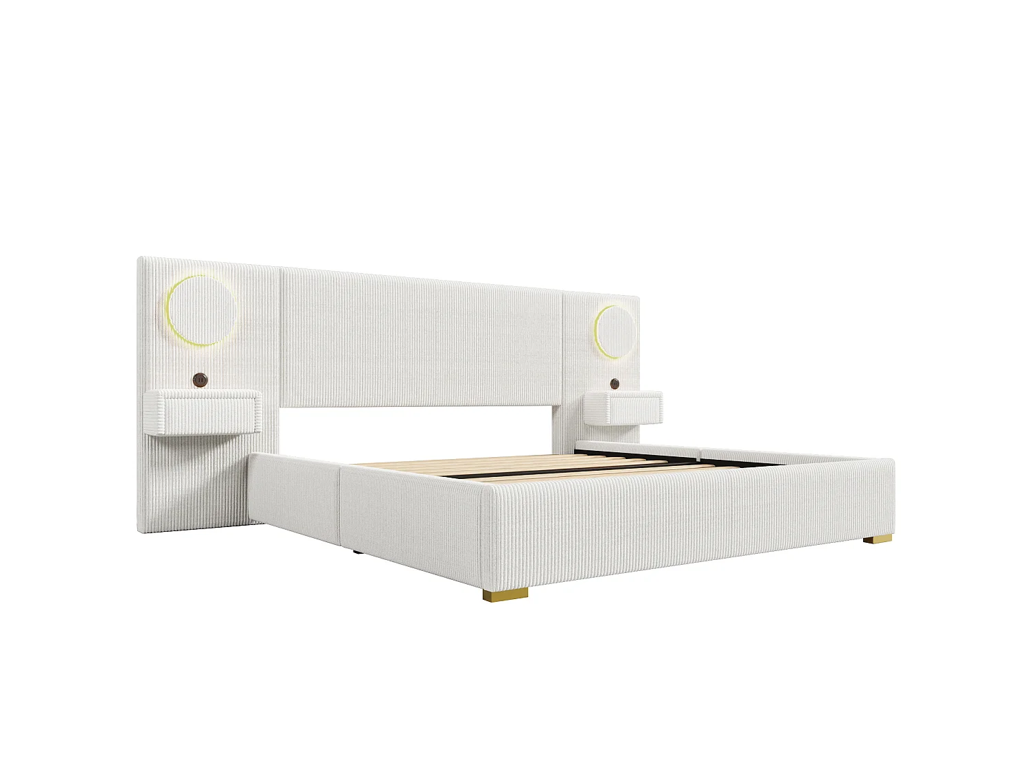 Tweepersoonsbed voor volwassenen 180x200 cm in fluweel met ledverlichting, USB-poorten en 2 lades - Beige