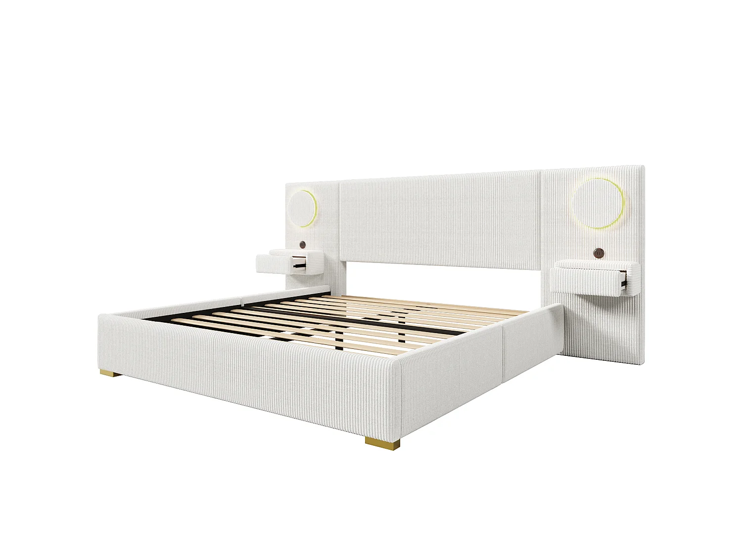 Tweepersoonsbed voor volwassenen 180x200 cm in fluweel met ledverlichting, USB-poorten en 2 lades - Beige