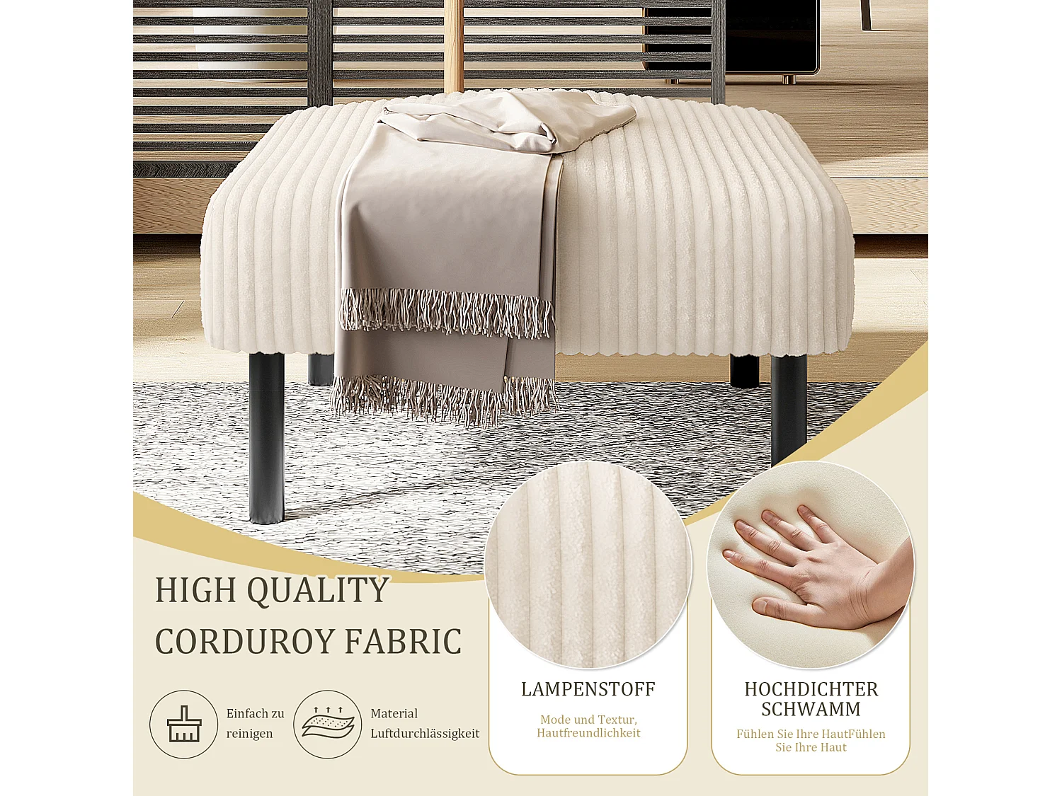 Corduroy poef met metalen frame – Beige